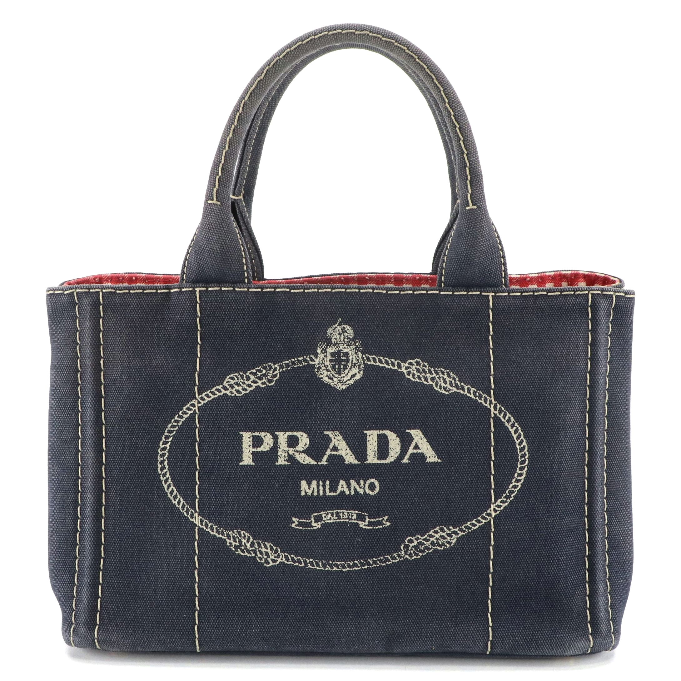 Prada Small Navy Canapa Canvas Two-Way Tote with Picnic Gingham Lining