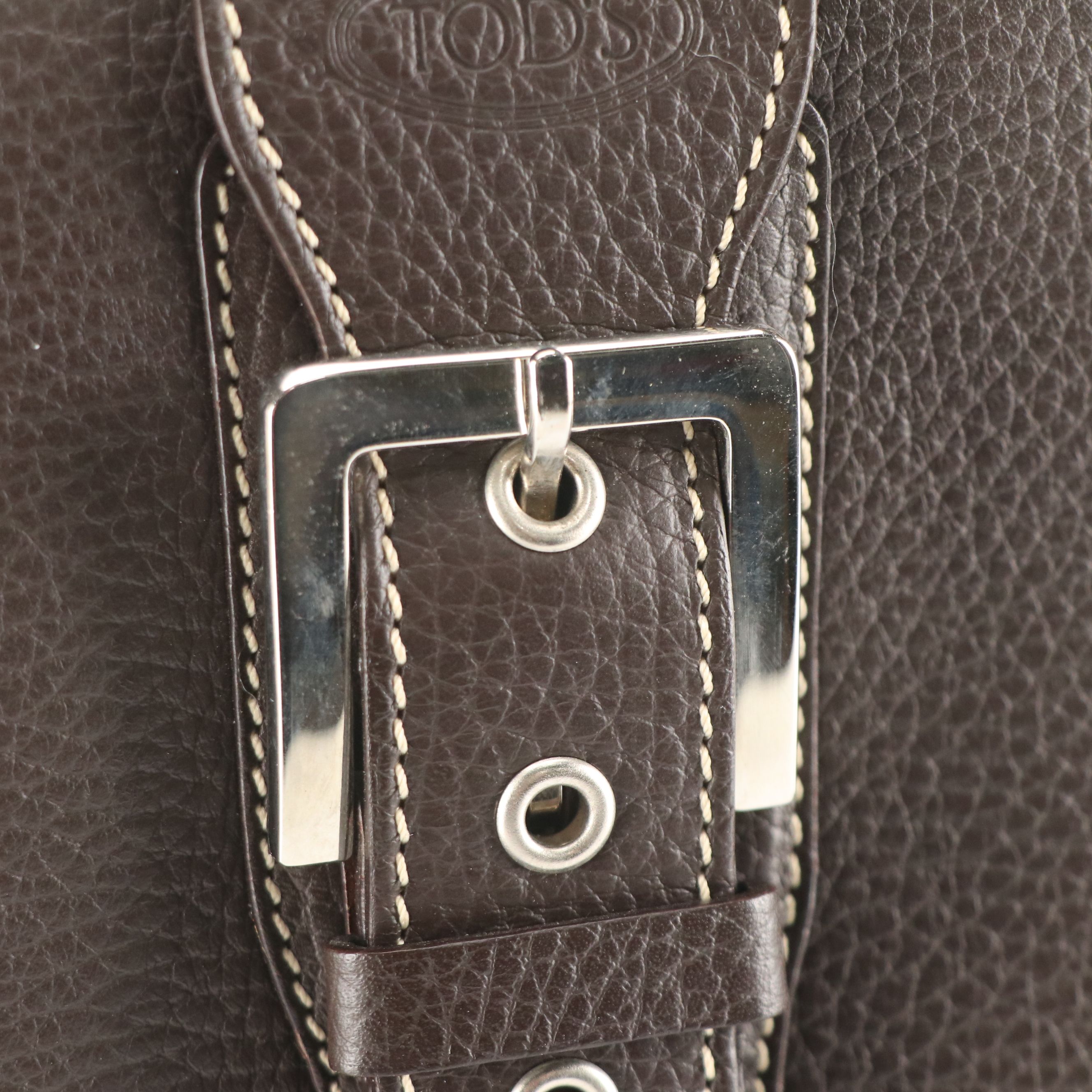 Tod's Buckle Flap Satchel in Dark Brown Grained Calf Leather