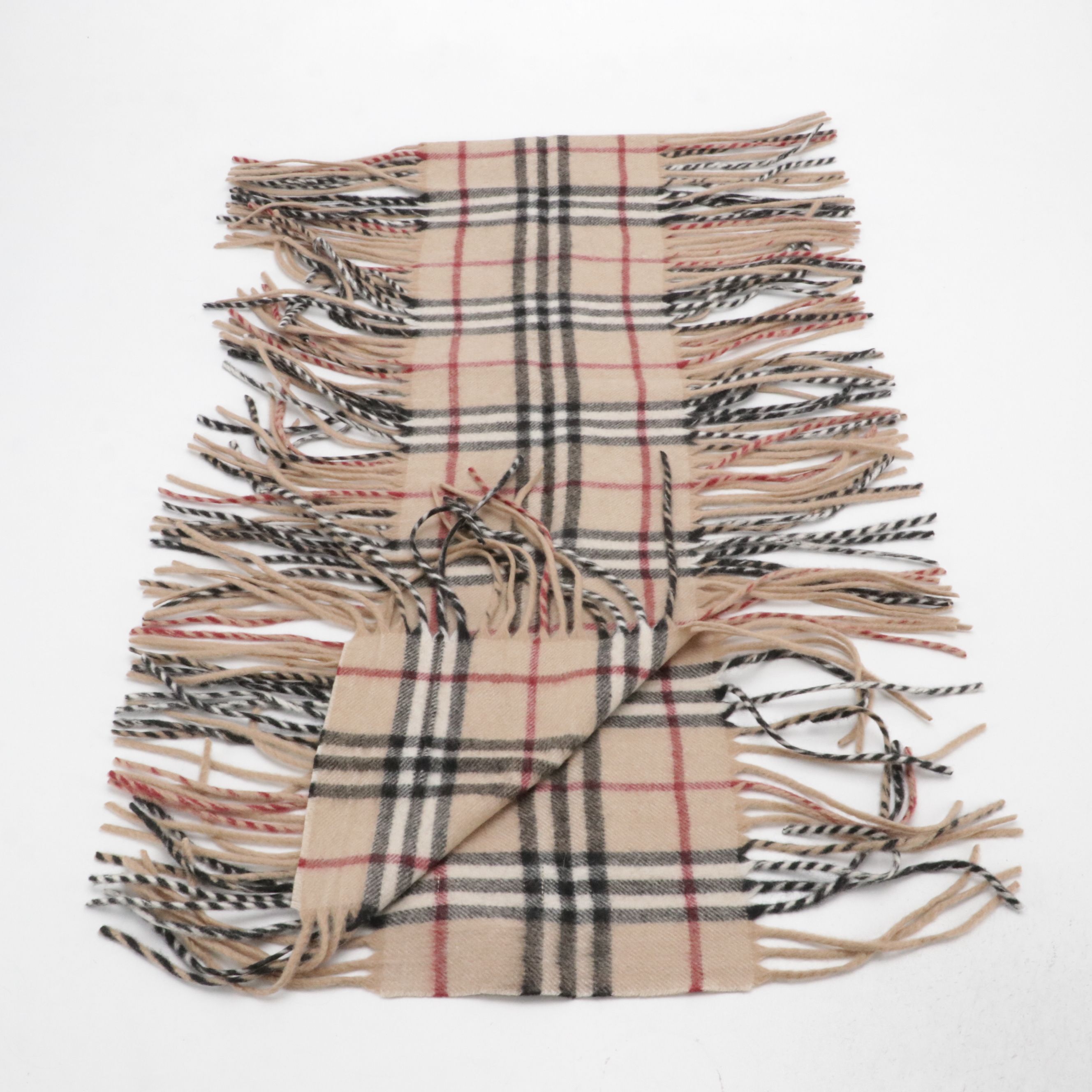 Burberry London Double-Fringe Happy Scarf in House Check Cashmere, With Tags