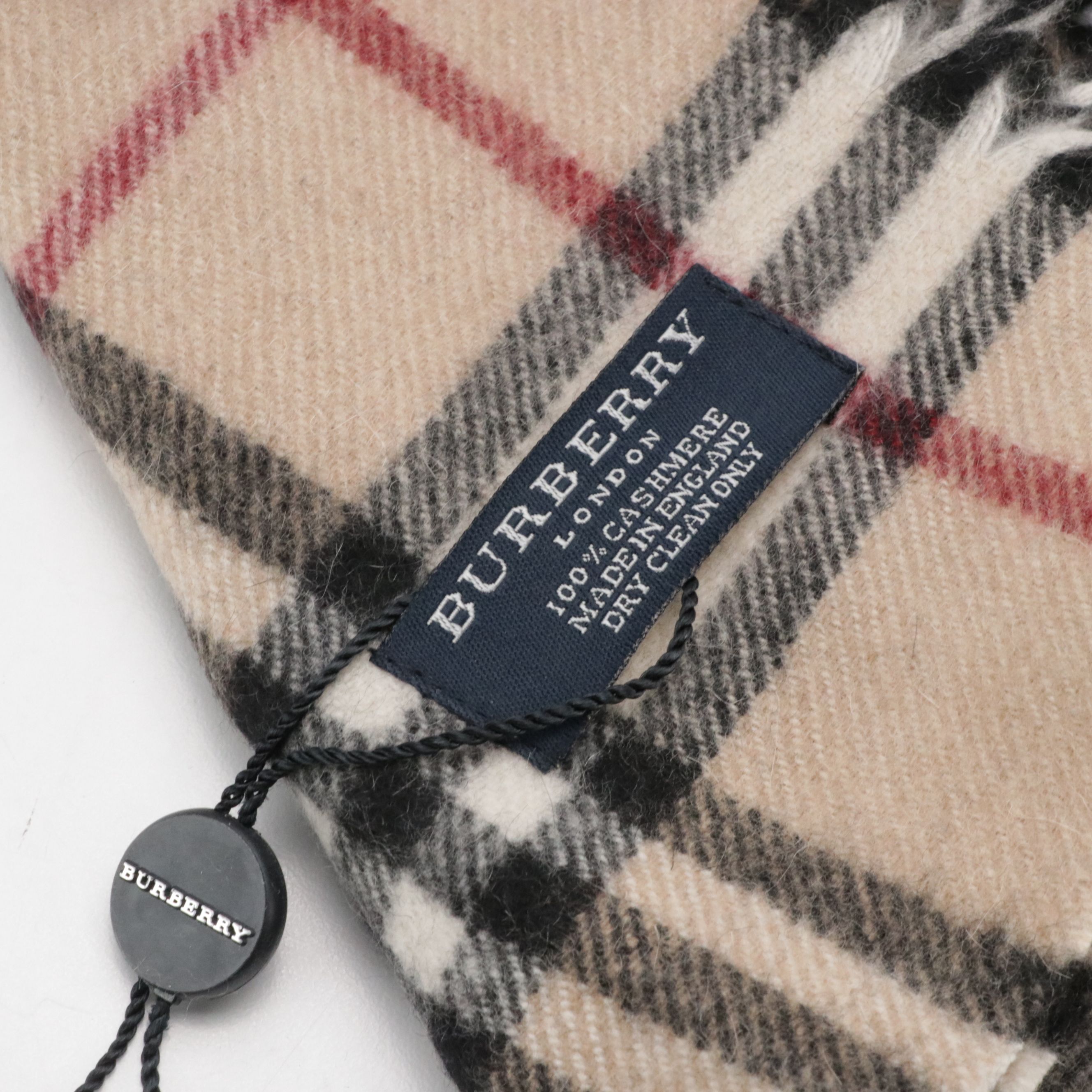 Burberry London Double-Fringe Happy Scarf in House Check Cashmere, With Tags