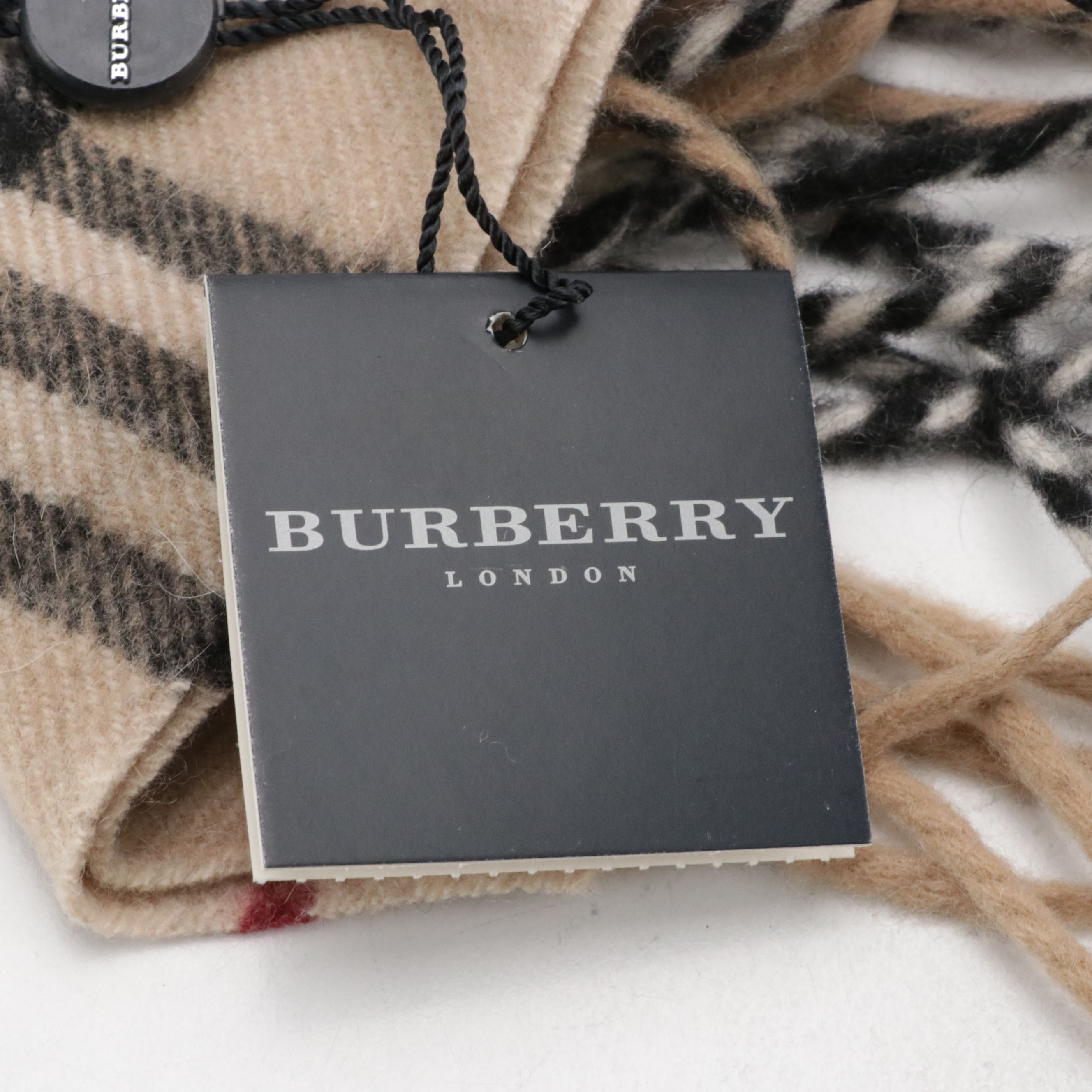 Burberry London Double-Fringe Happy Scarf in House Check Cashmere, With Tags