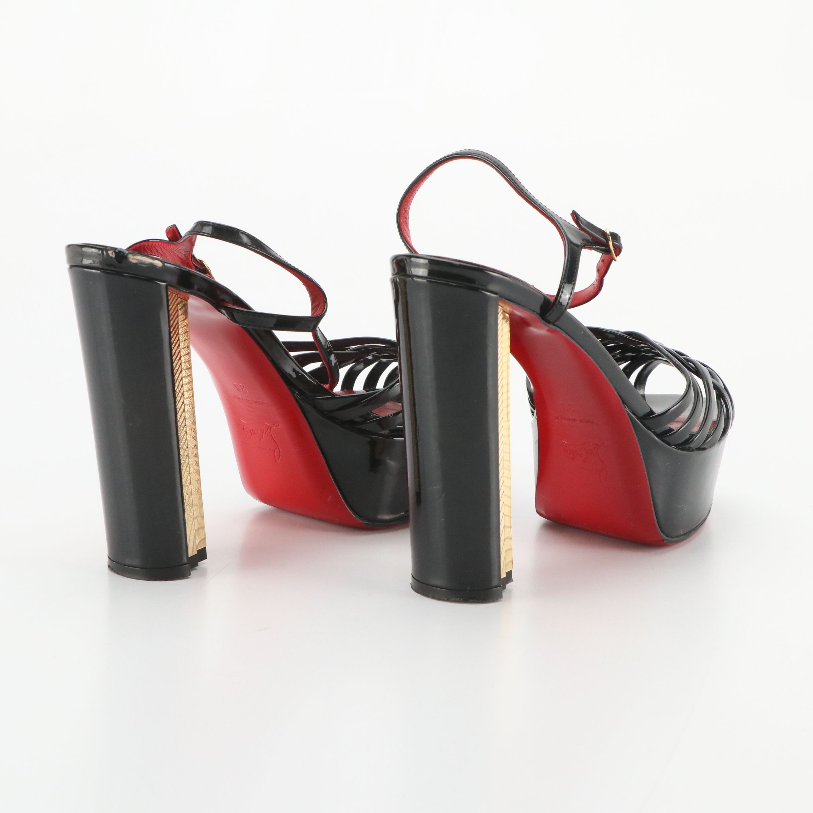Christian Louboutin Criss-Cross Peep Toe Pumps in Black Patent Leather