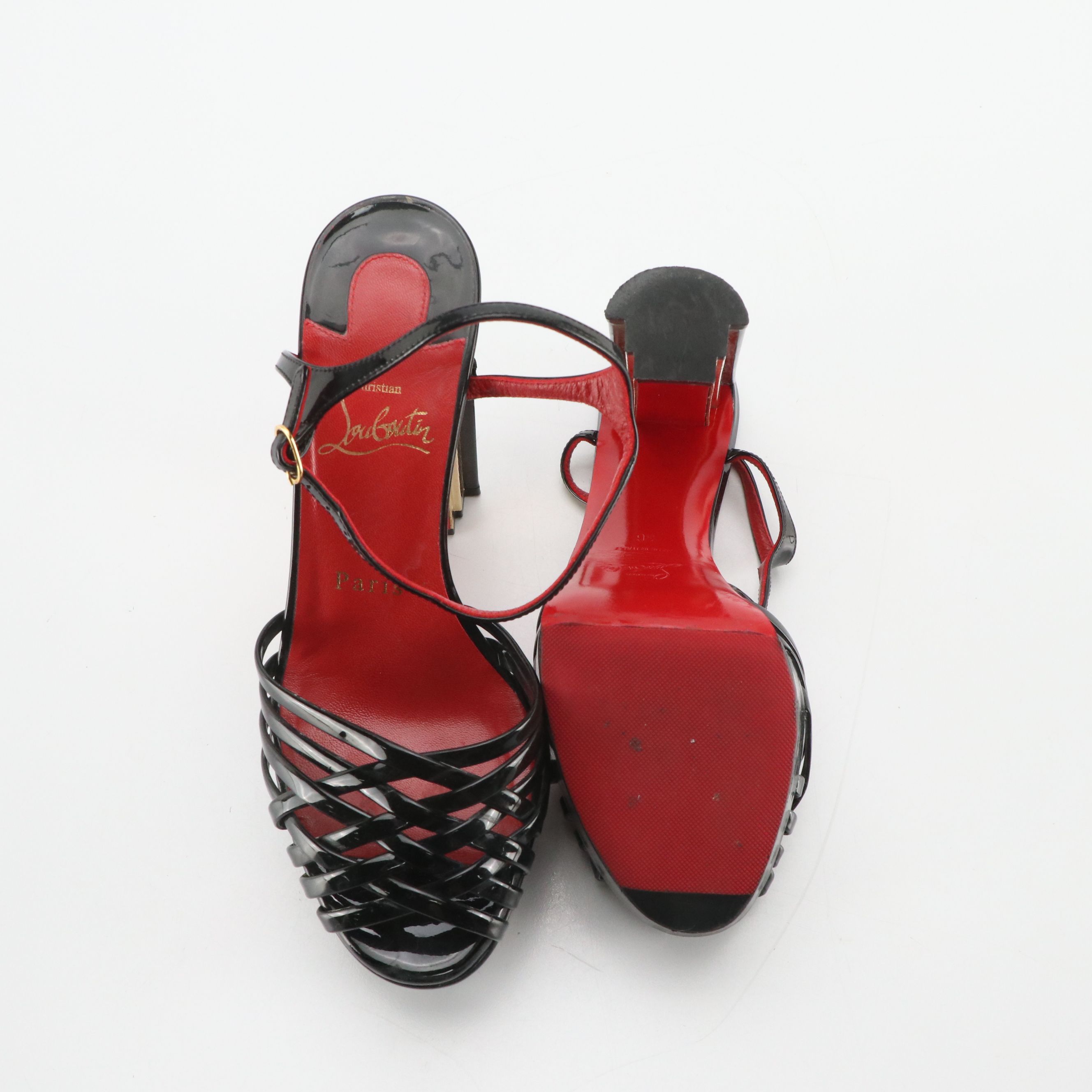 Christian Louboutin Criss-Cross Peep Toe Pumps in Black Patent Leather