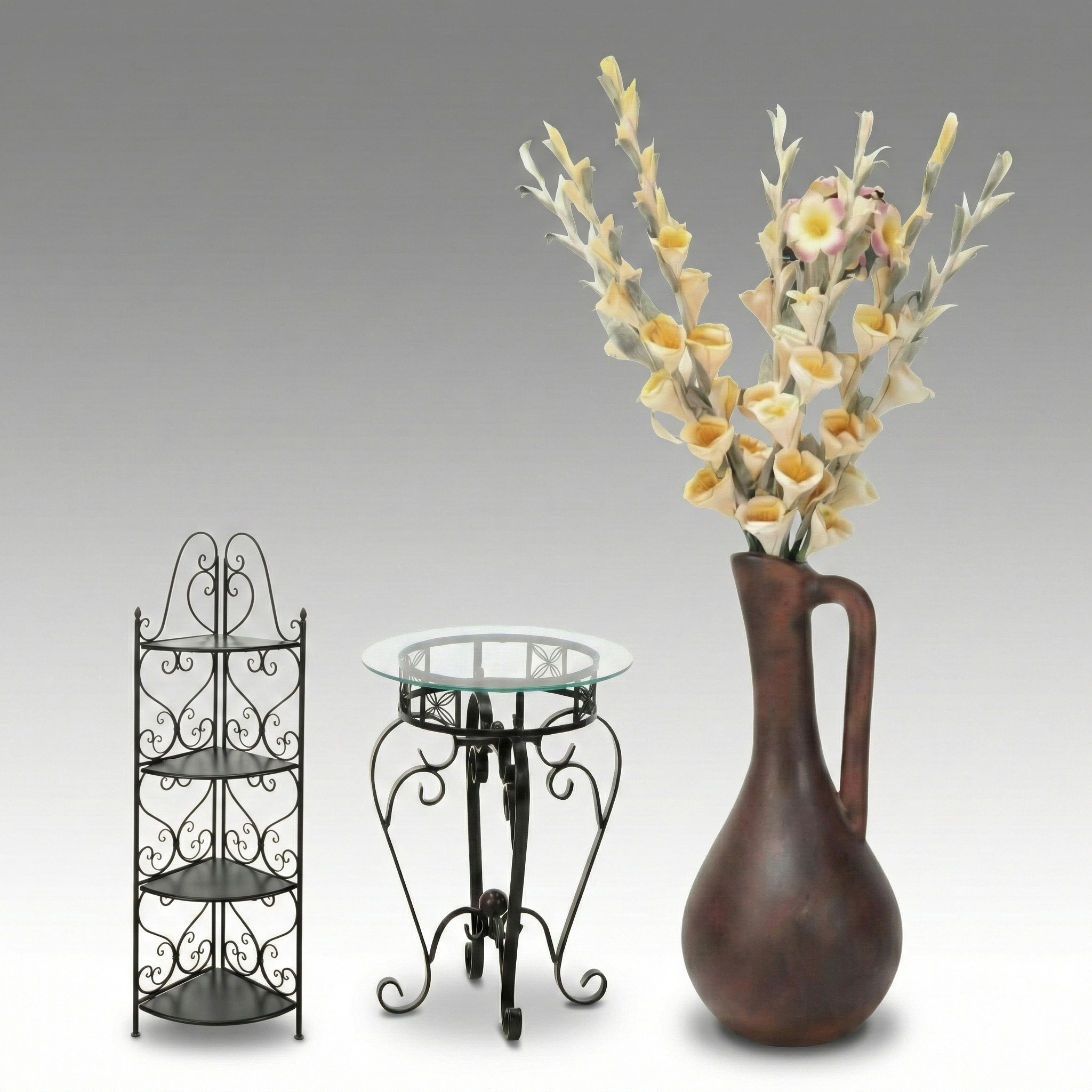 Scrolled Metal Accent Table, Corner Étagère and Large Ceramic Floor Pitcher