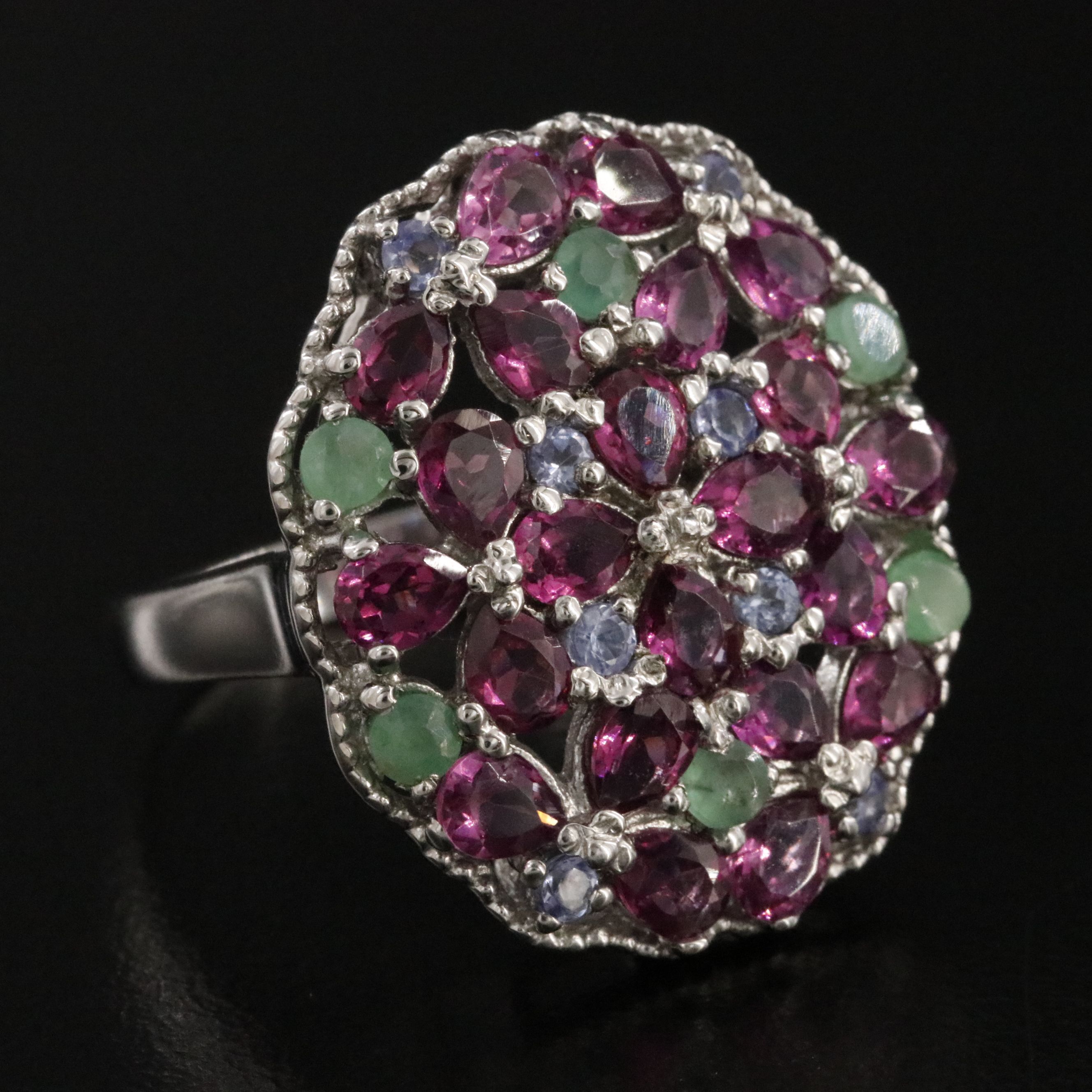 Sterling Garnet, Emerald and Tanzanite Ring