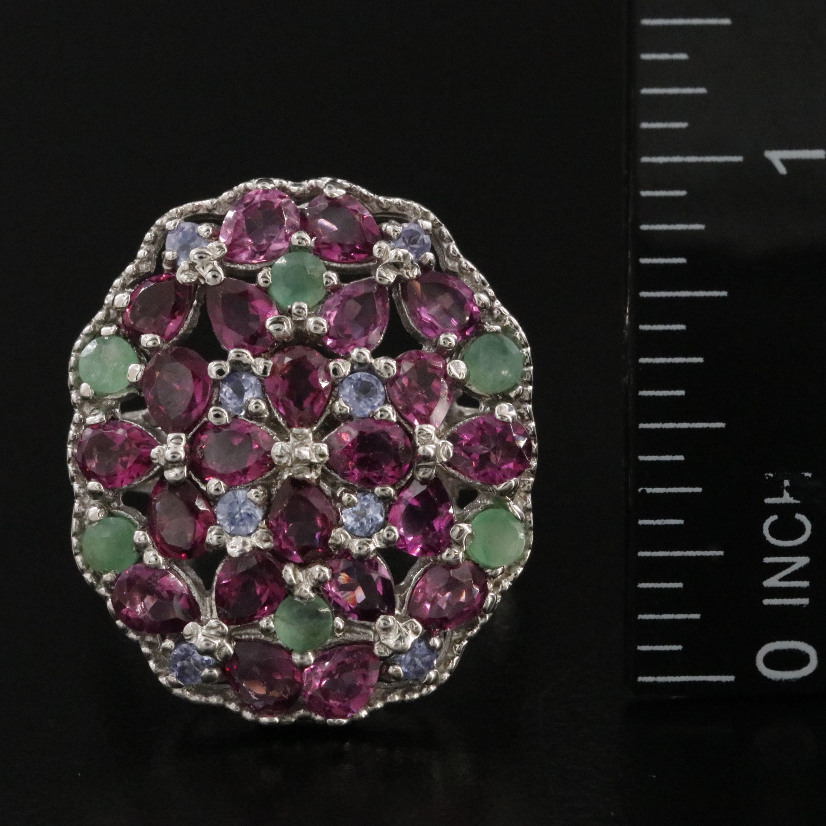 Sterling Garnet, Emerald and Tanzanite Ring