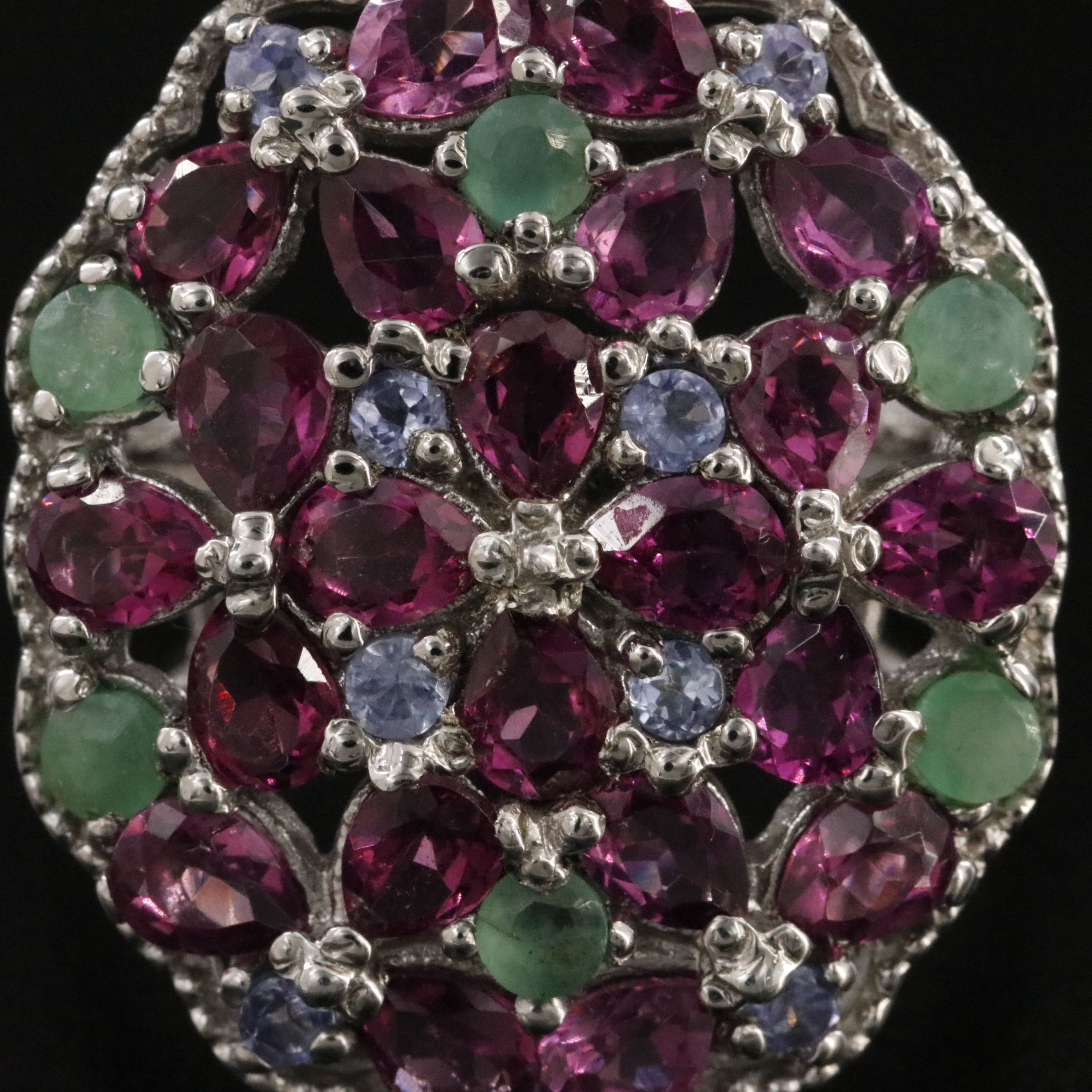 Sterling Garnet, Emerald and Tanzanite Ring