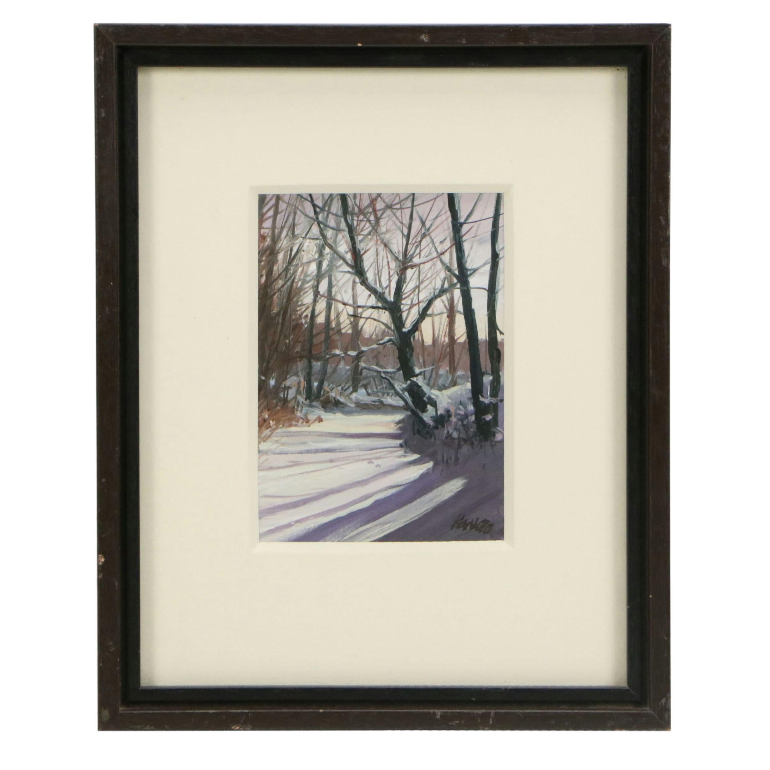 Gouache Painting of Snowy Woodland Landscape, Late 20th to 21st Century