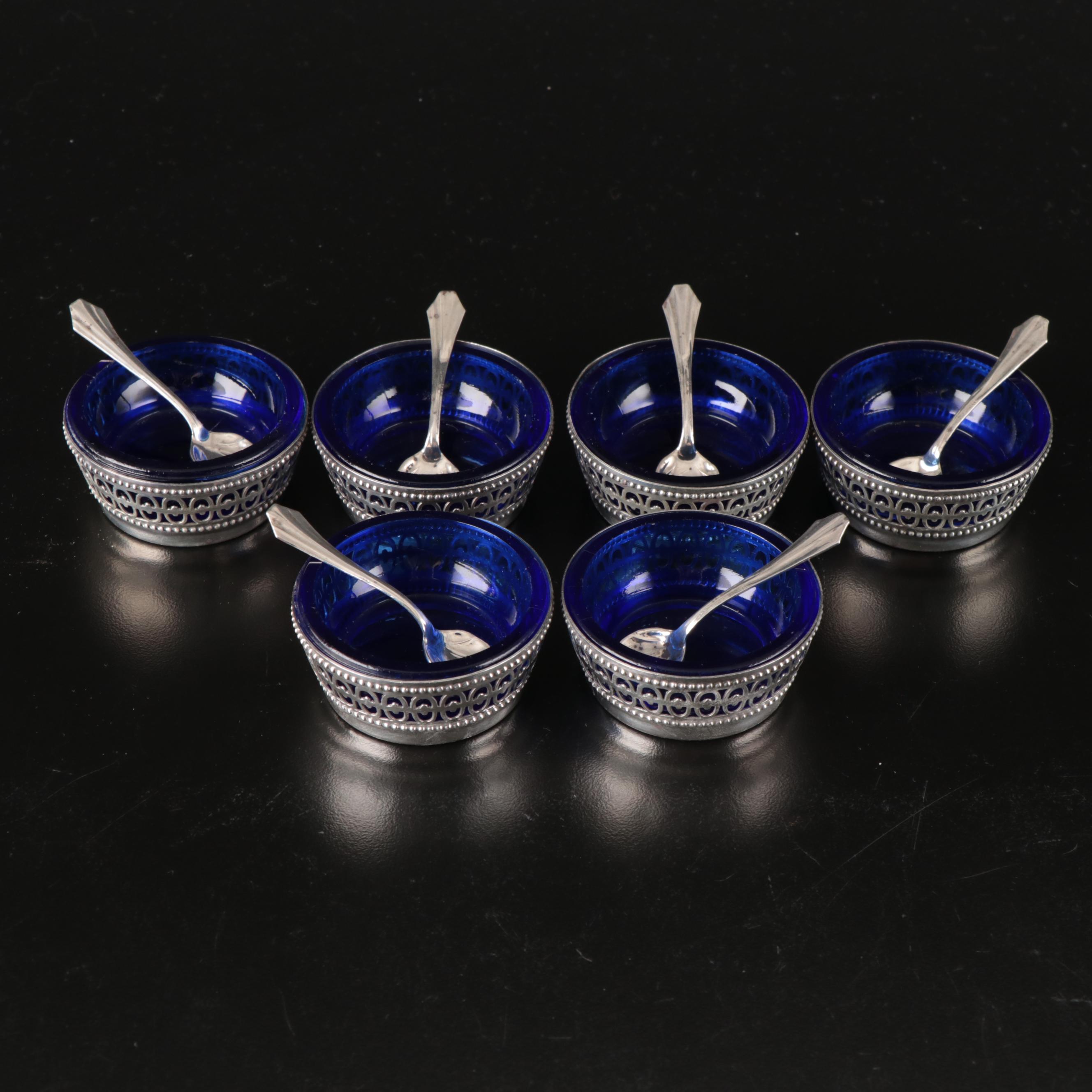 Webster Sterling Silver and Glass Salt Cellars with Salt Spoons