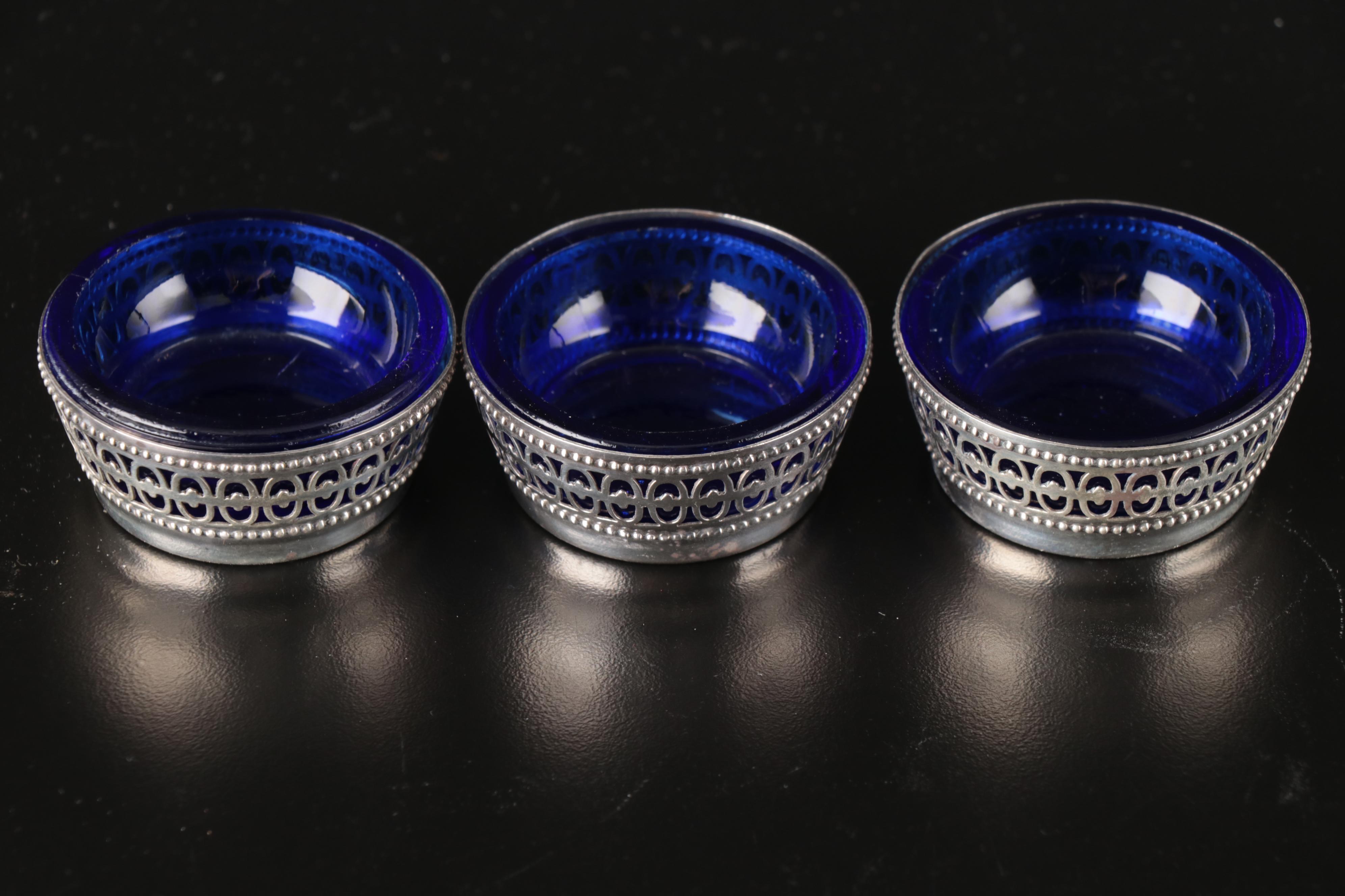 Webster Sterling Silver and Glass Salt Cellars with Salt Spoons