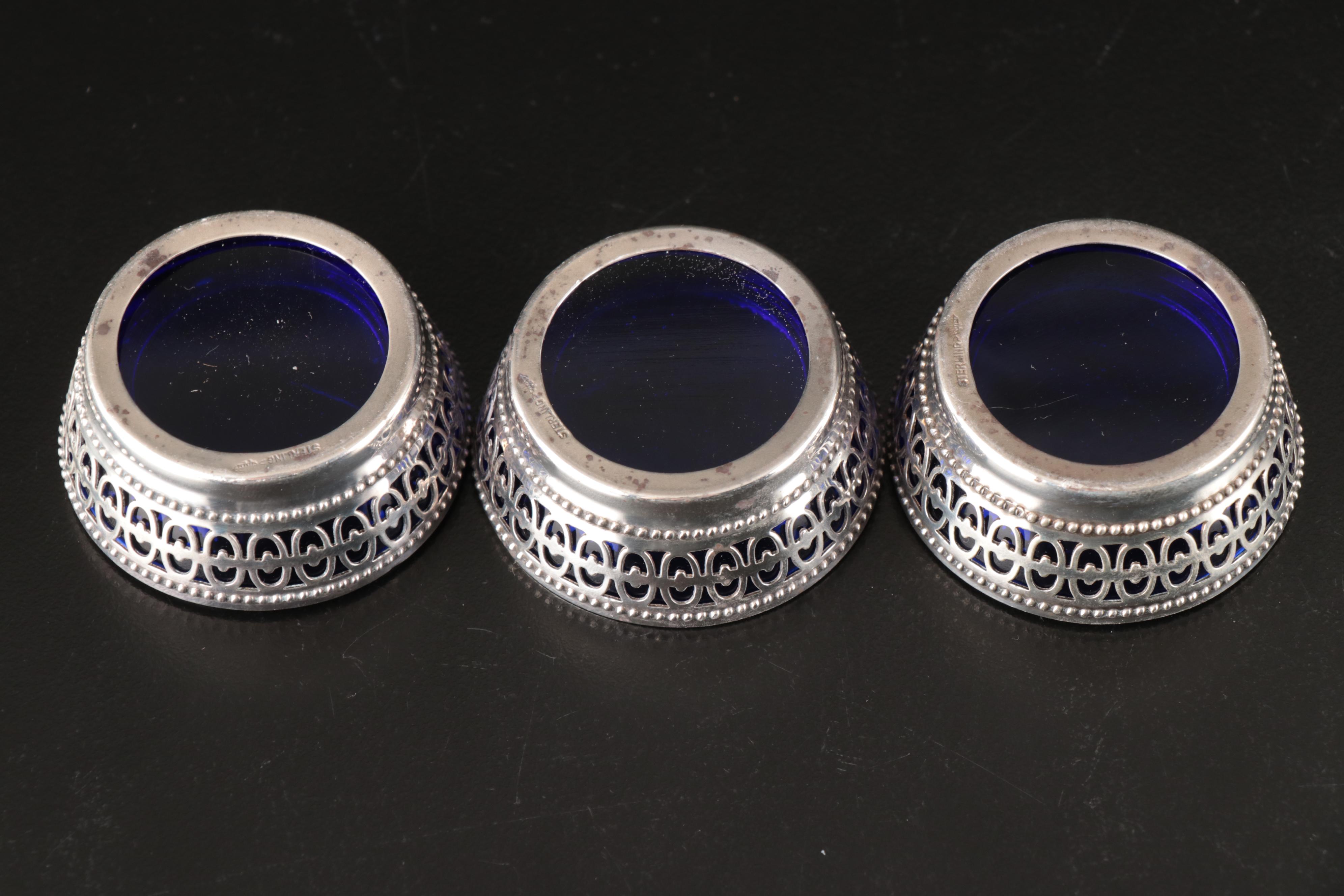 Webster Sterling Silver and Glass Salt Cellars with Salt Spoons
