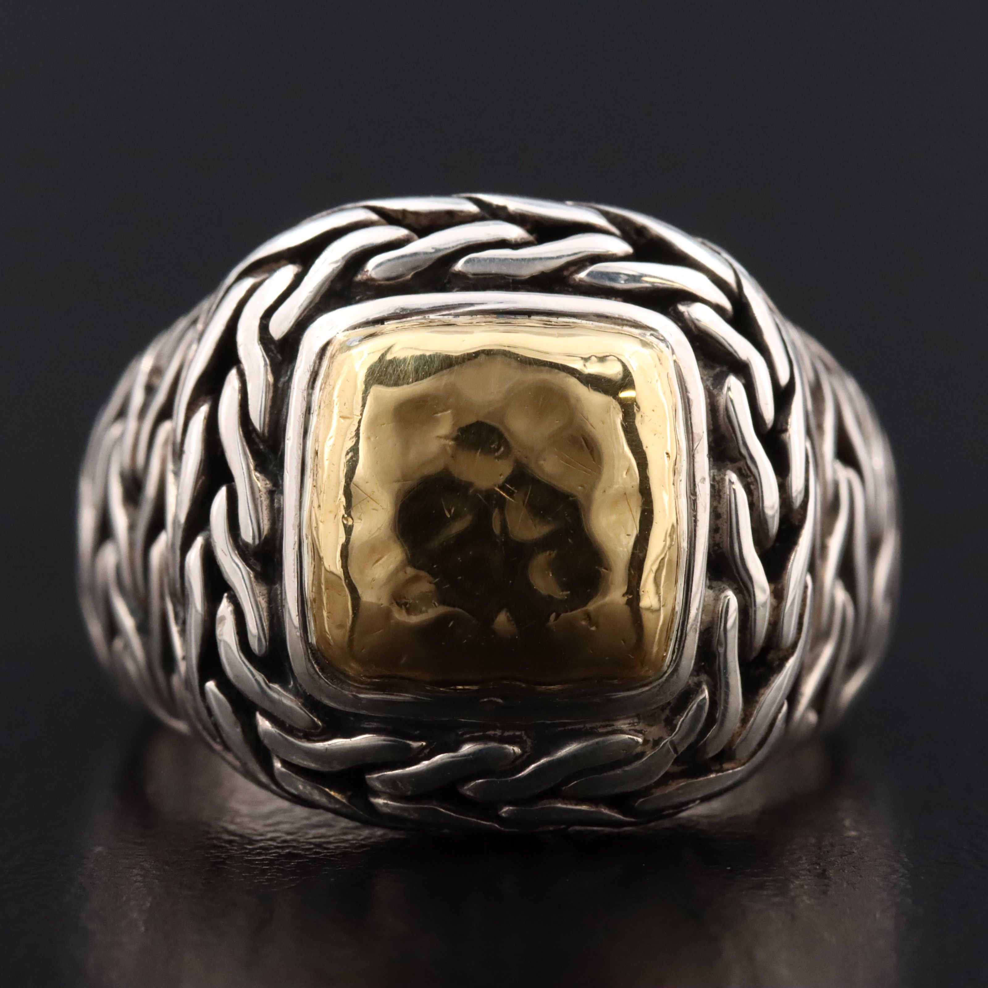 John Hardy Palu Sterling and 22K Hammered Signet Ring