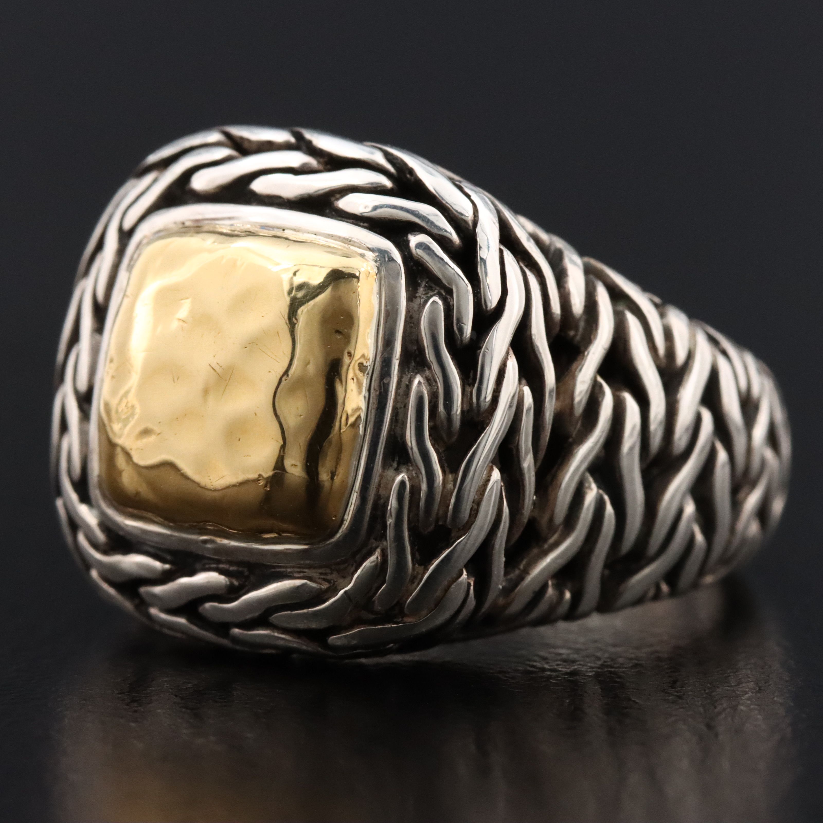 John Hardy Palu Sterling and 22K Hammered Signet Ring