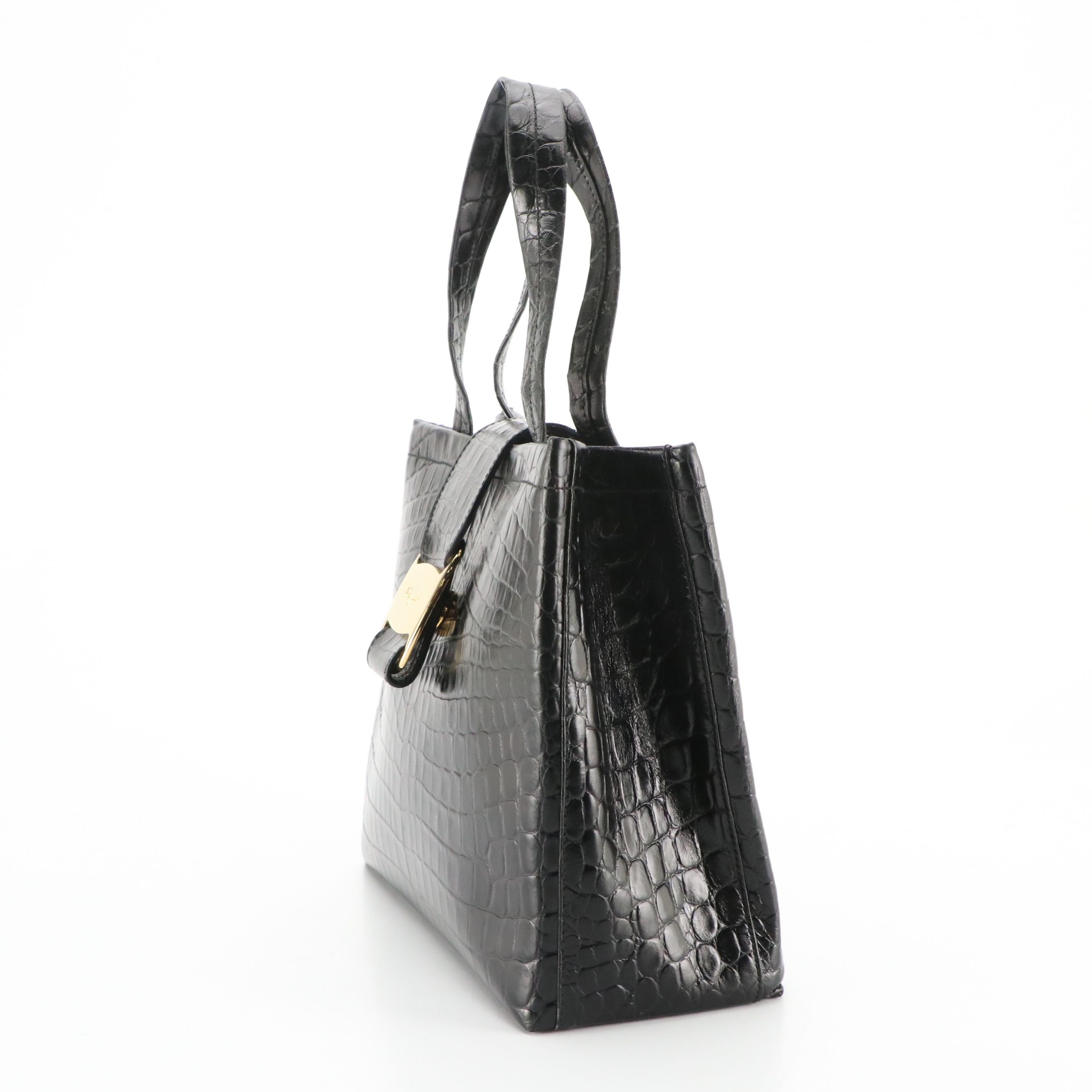 Salvatore Ferragamo Vara Flap Handbag in Black Crocodile Embossed Leather