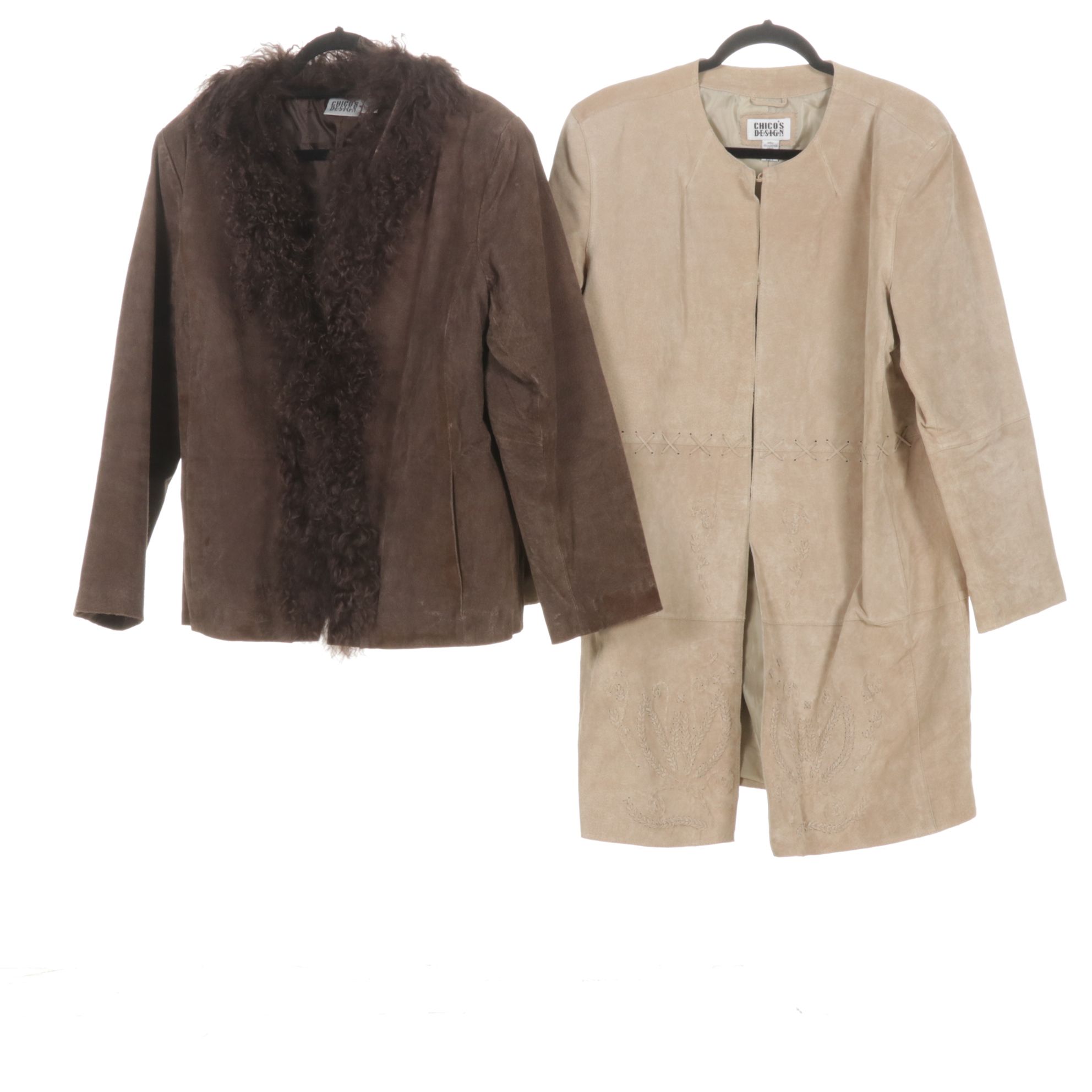 Chico's Design Curly Mongolian Lamb Fur Trimmed & Laced Patchwork Suede Jackets