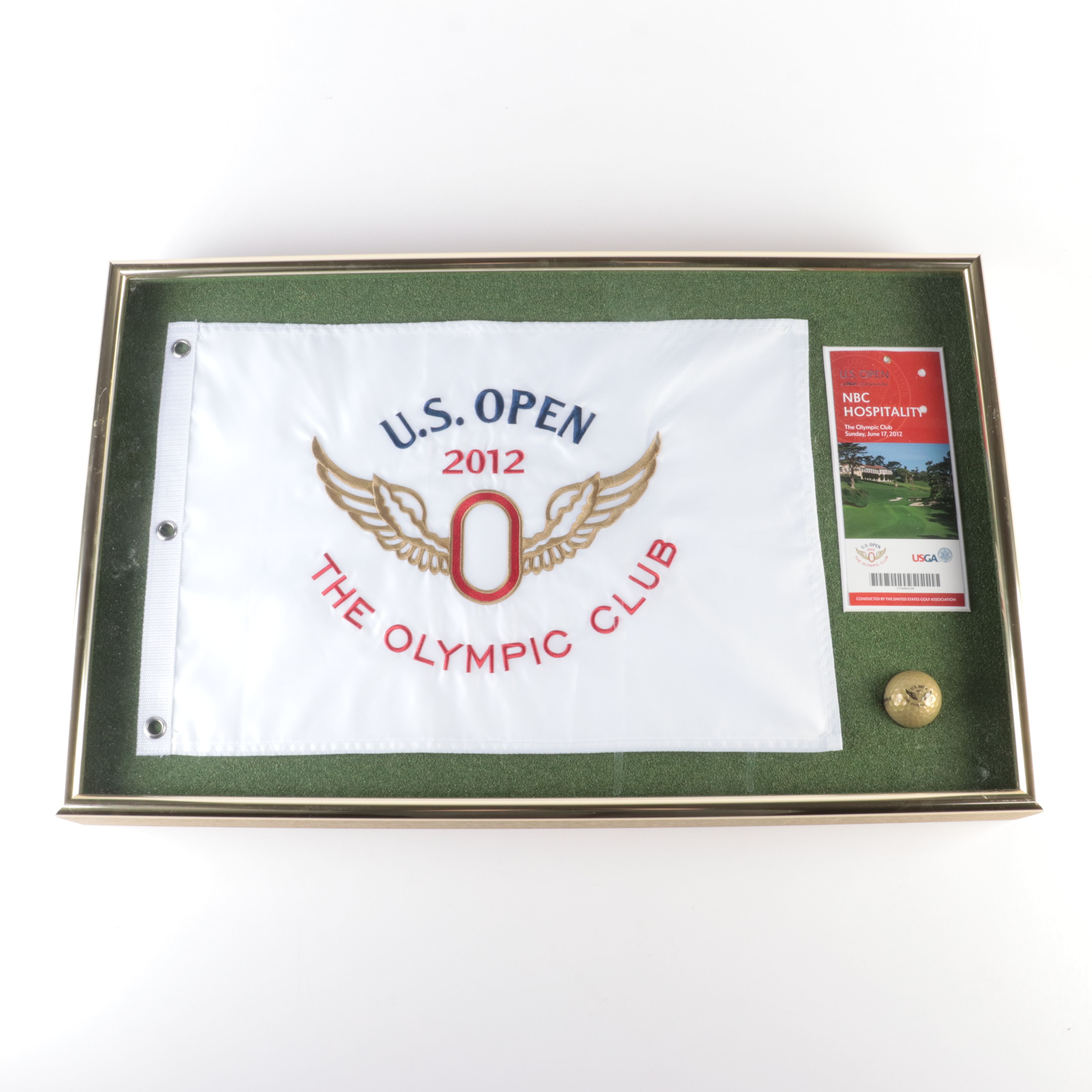 Framed Set, Embroidered 2012 U.S. Open, Olympic Club Golf Flag and Golf Ball