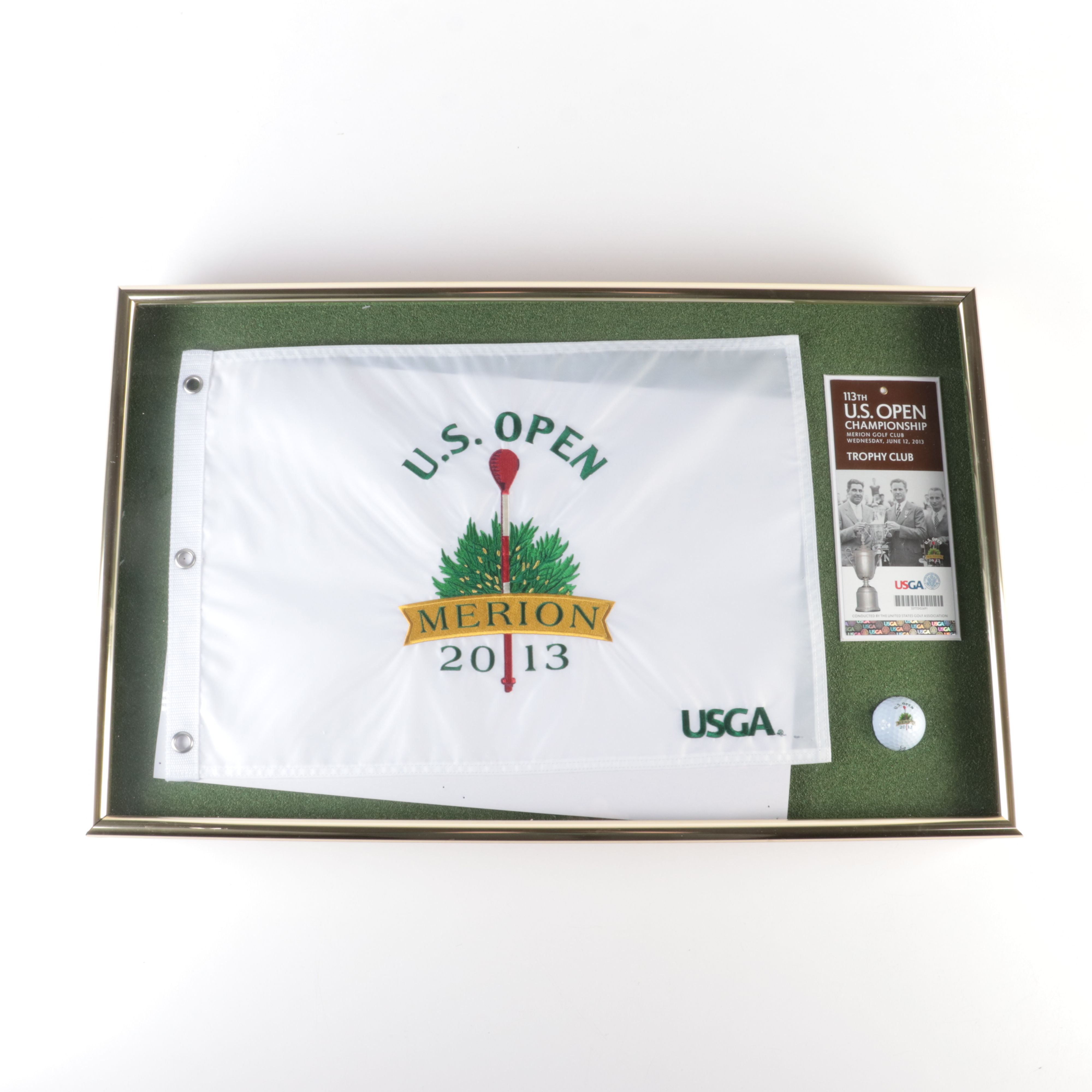 Framed Set, Embroidered 2013 U.S. Open, Merion Golf Flag and Golf Ball