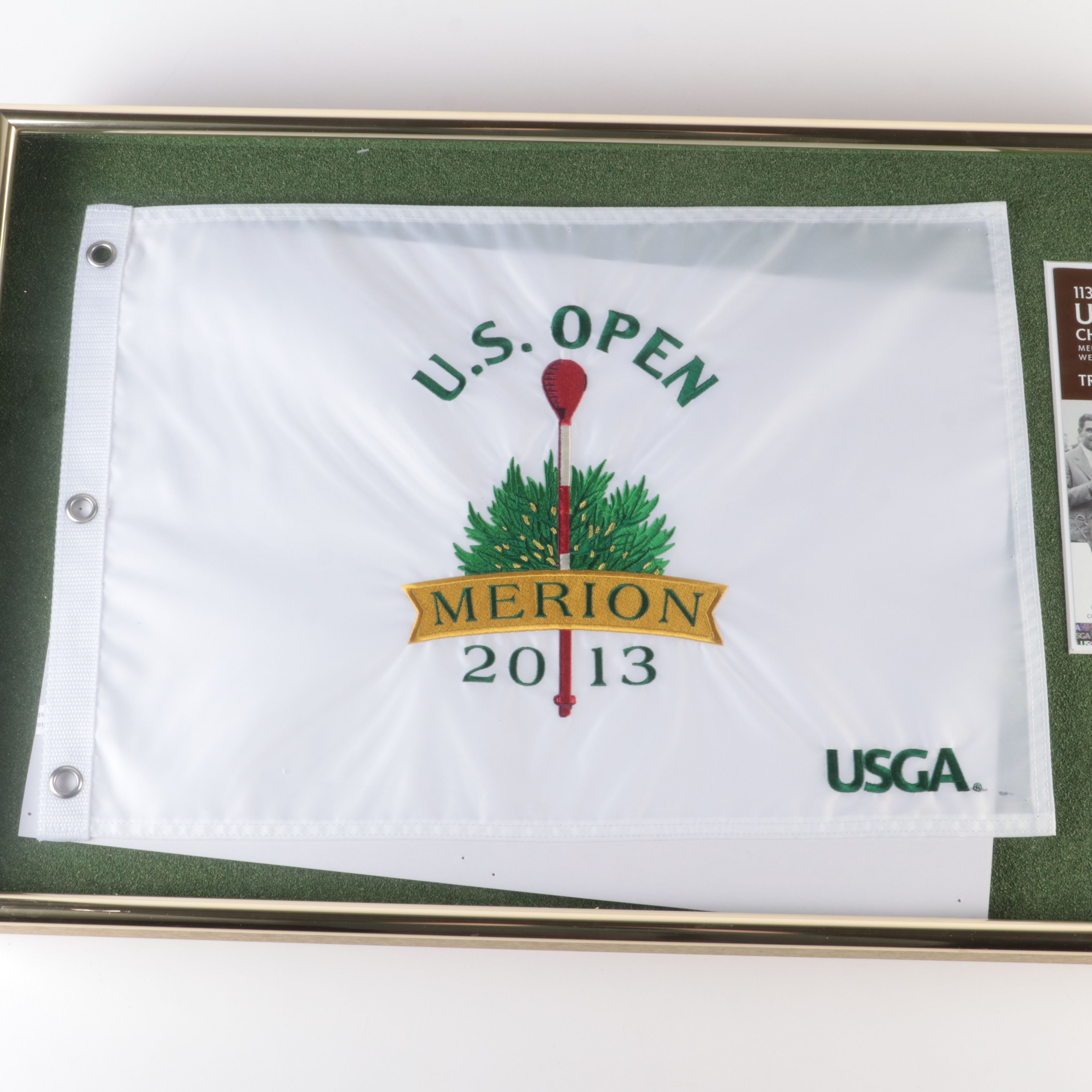 Framed Set, Embroidered 2013 U.S. Open, Merion Golf Flag and Golf Ball