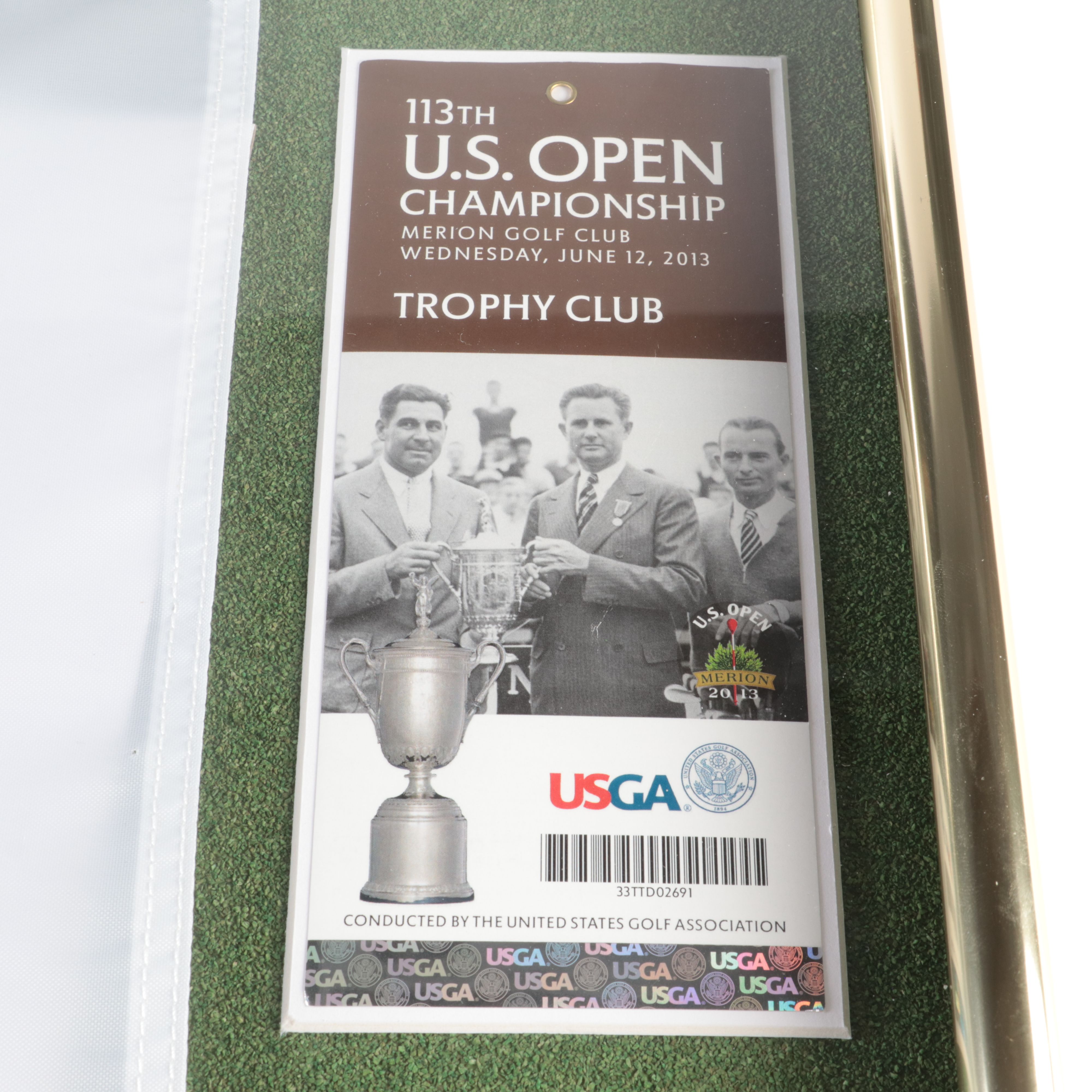 Framed Set, Embroidered 2013 U.S. Open, Merion Golf Flag and Golf Ball