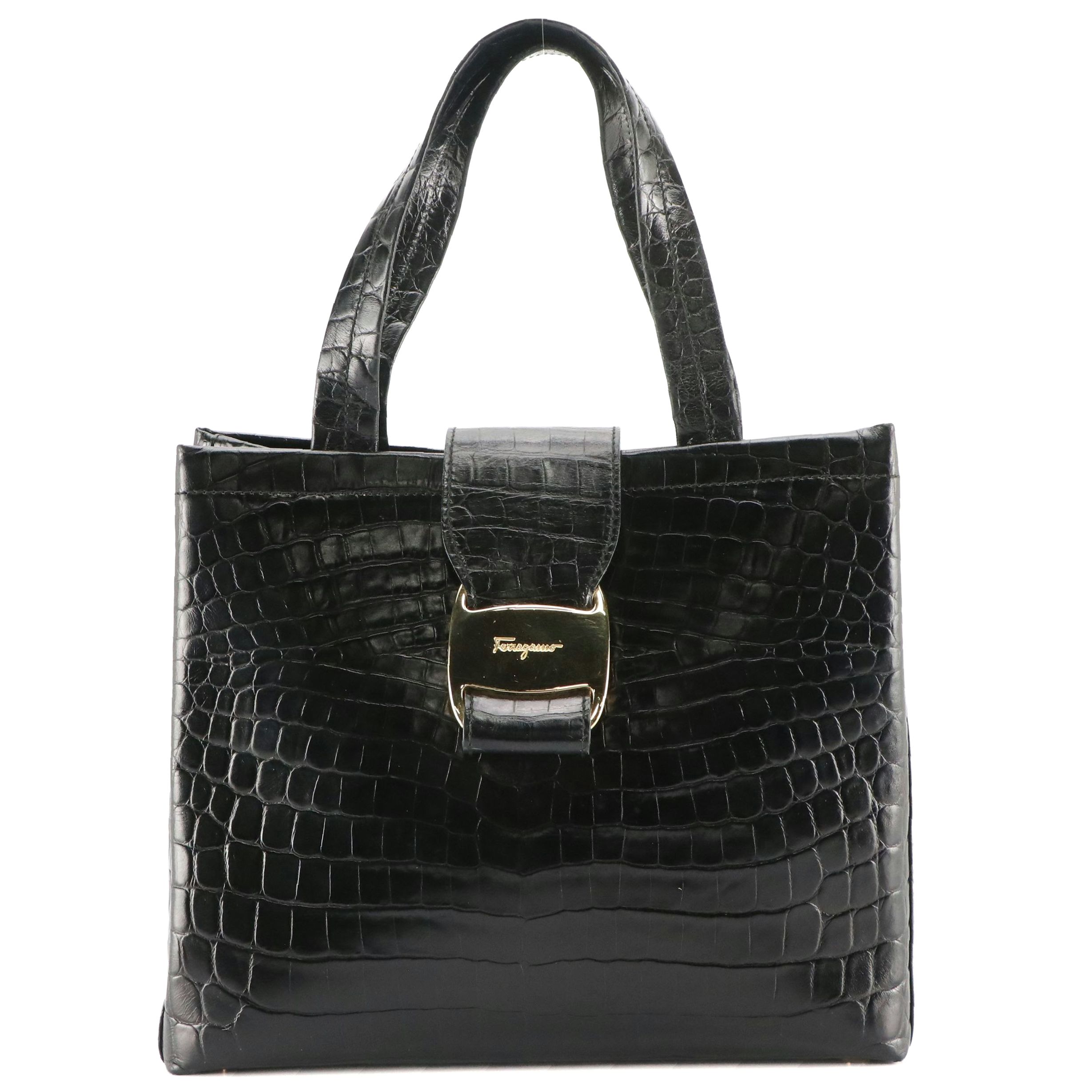 Salvatore Ferragamo Vara Flap Handbag in Black Crocodile Embossed Leather