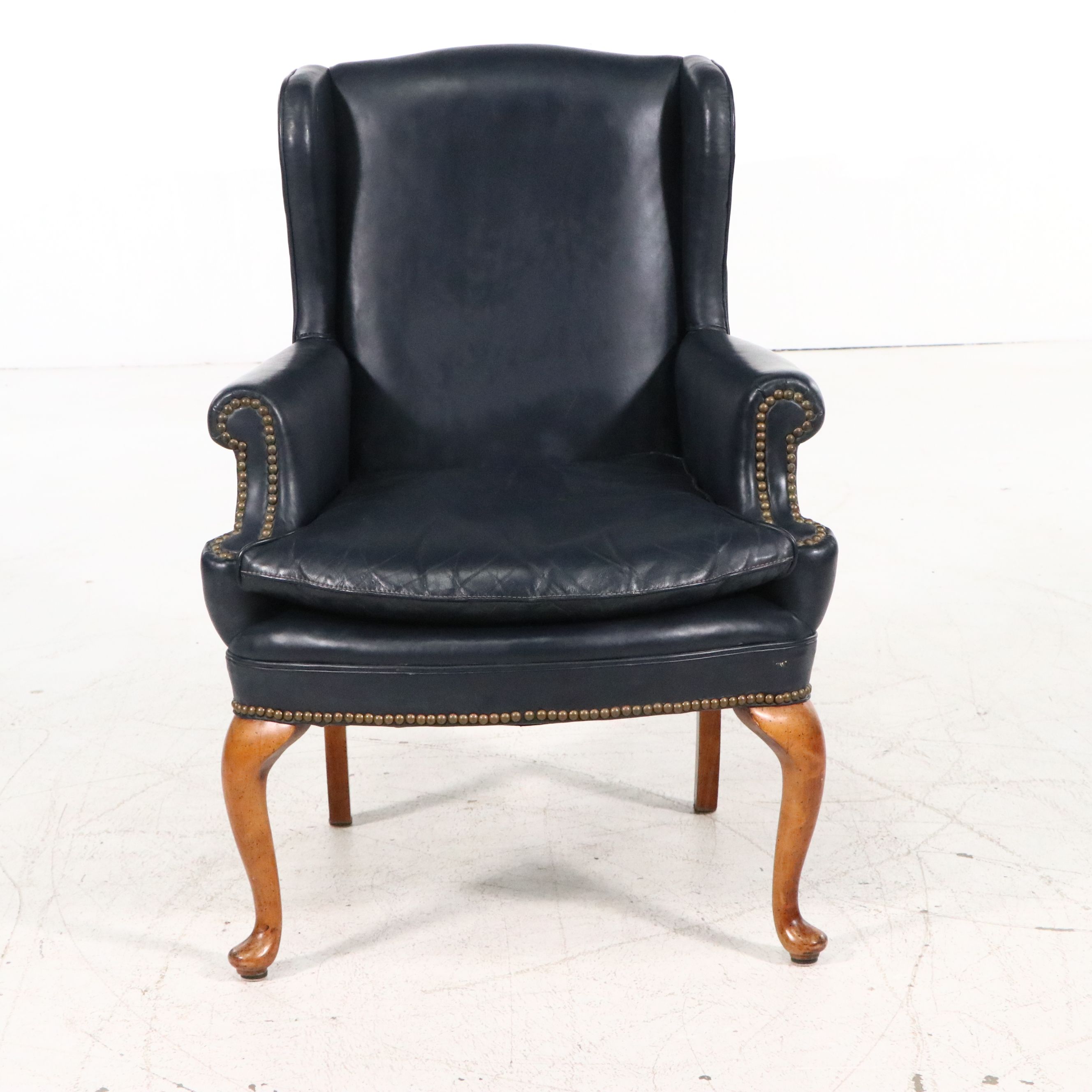 Leathercraft Inc. Chippendale Style Navy Leather Wingback Chair
