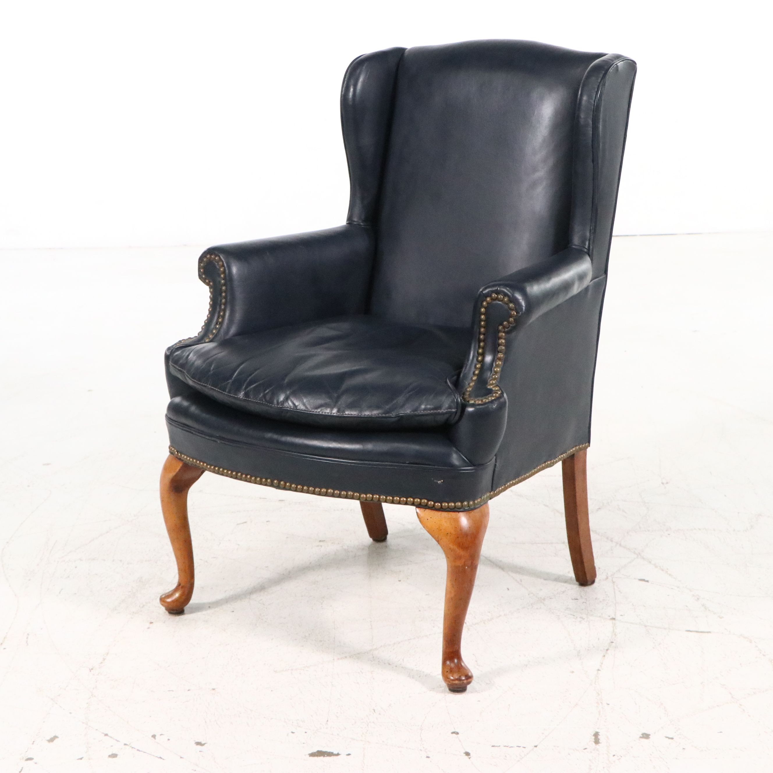 Leathercraft Inc. Chippendale Style Navy Leather Wingback Chair
