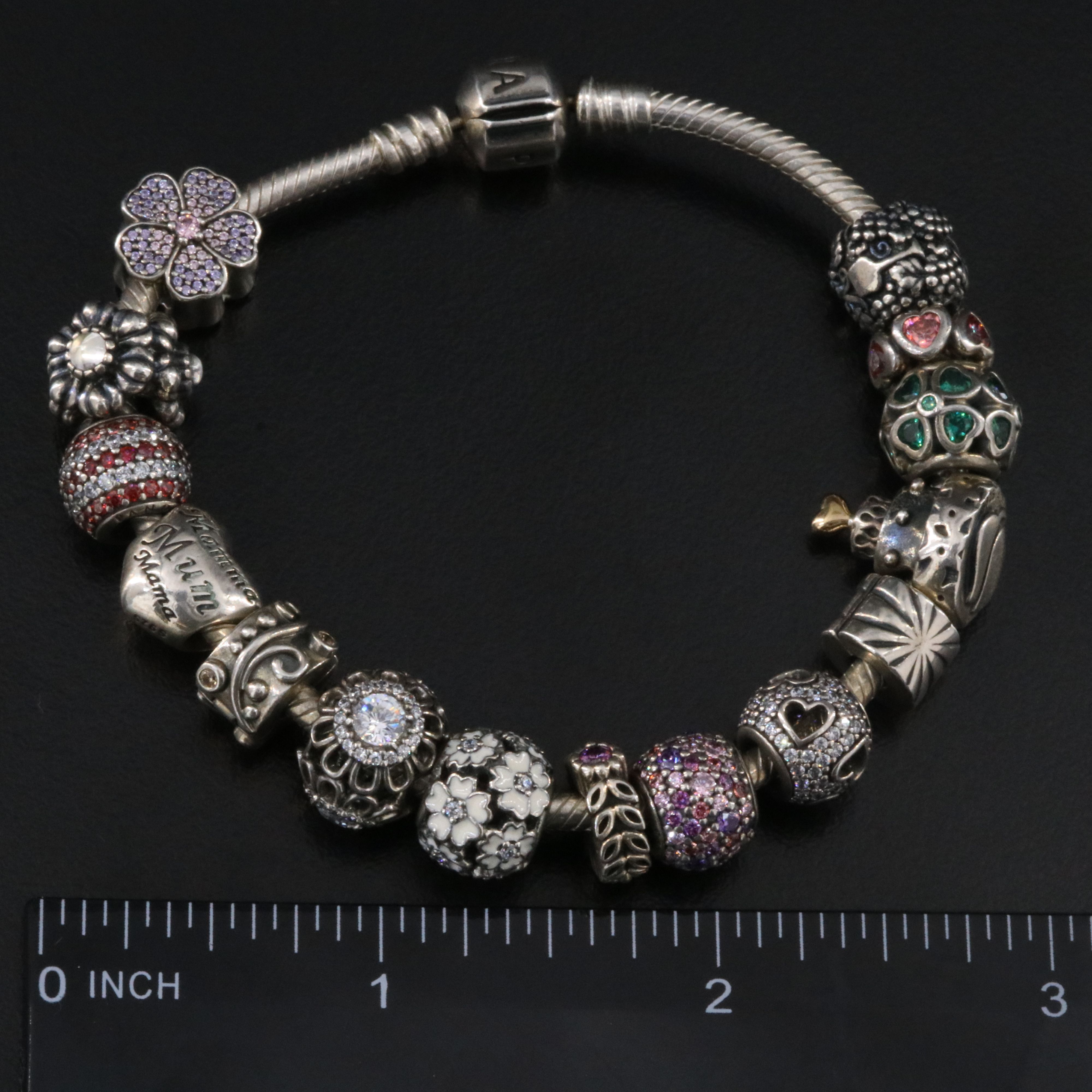 Pandora Sterling Charm Bracelet Including Rock Crystal, Enamel and CZ