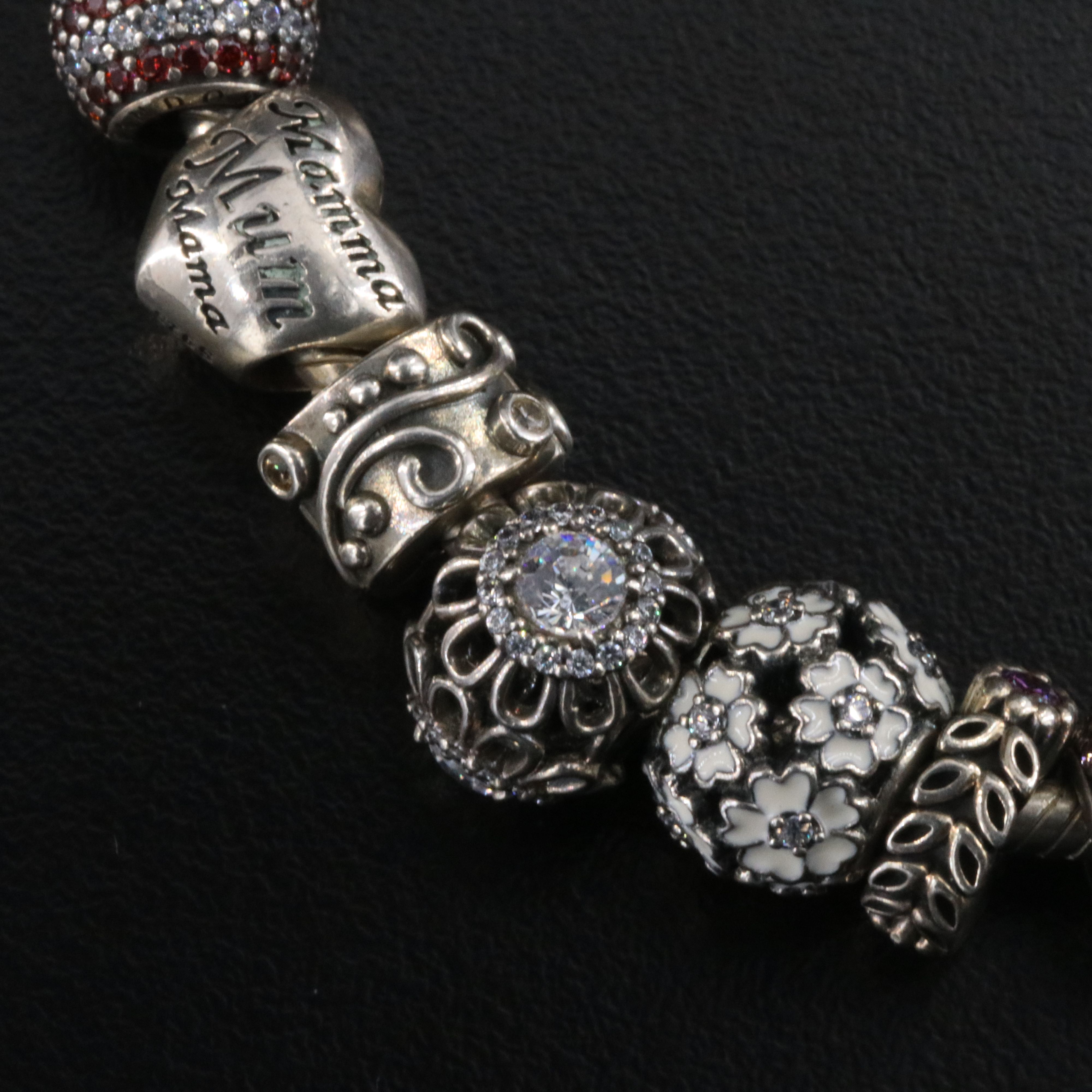 Pandora Sterling Charm Bracelet Including Rock Crystal, Enamel and CZ