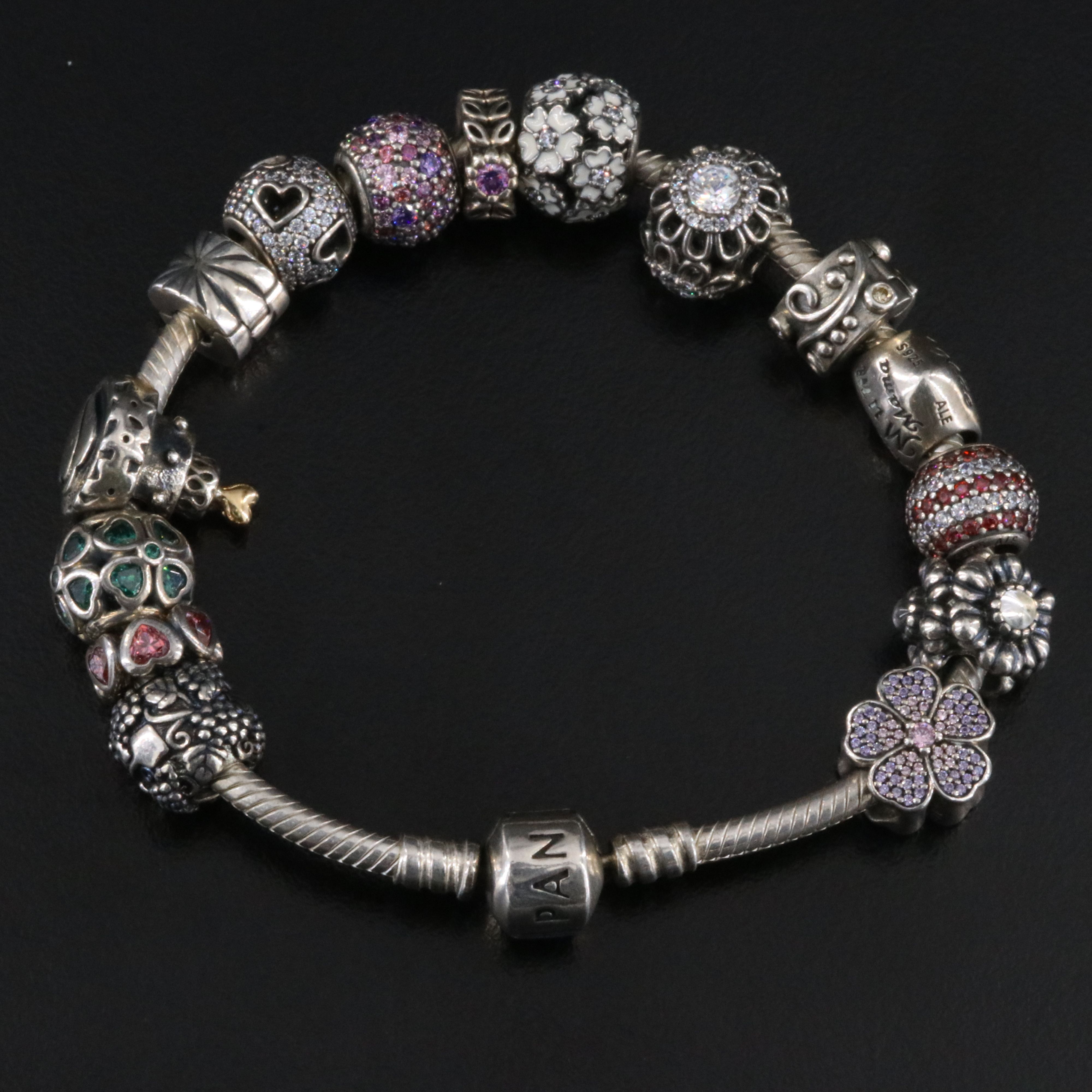 Pandora Sterling Charm Bracelet Including Rock Crystal, Enamel and CZ