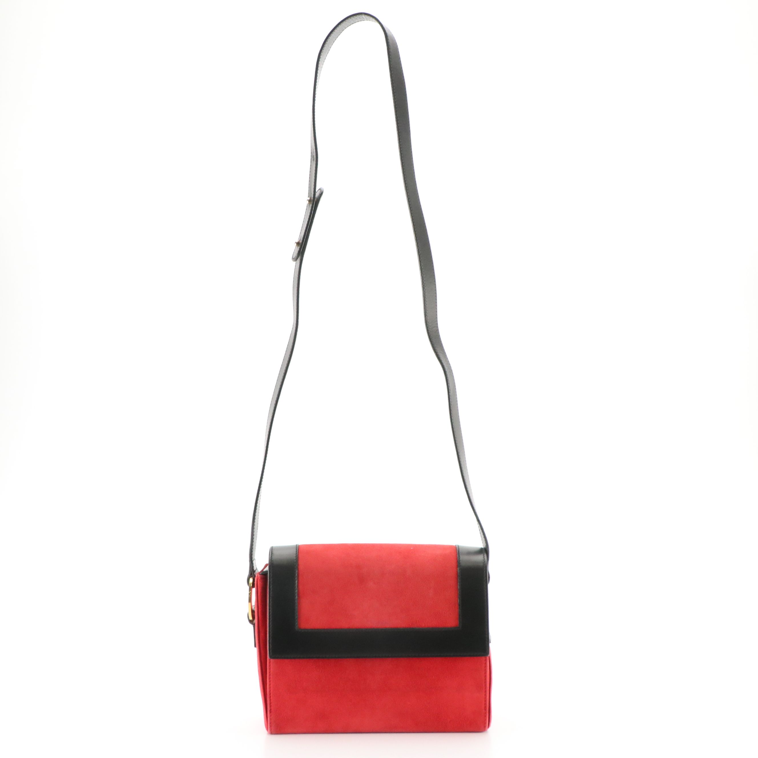 Celine Front-Flap Crossbody Bag in Red Suede and Black Calfskin Leather Trim