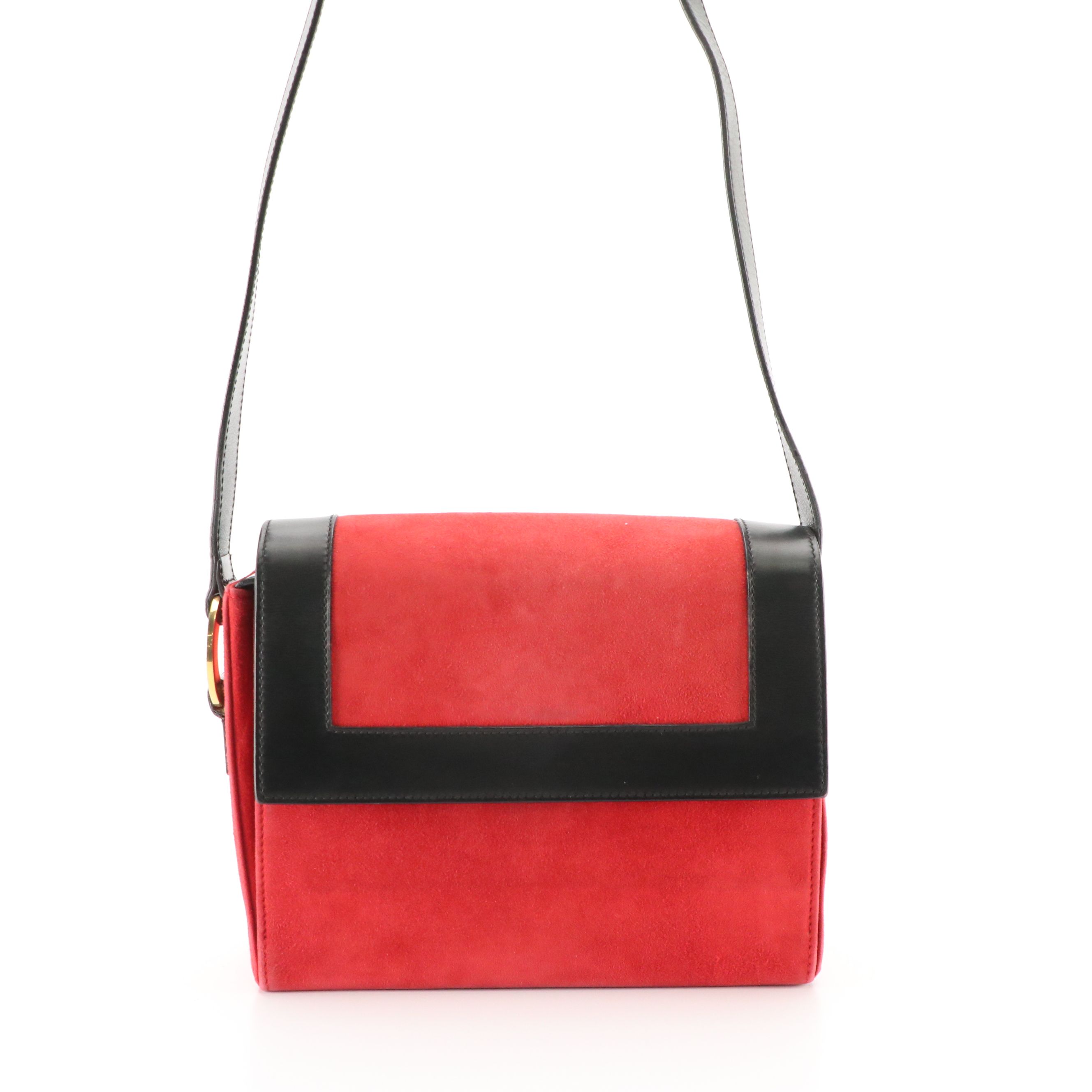 Celine Front-Flap Crossbody Bag in Red Suede and Black Calfskin Leather Trim