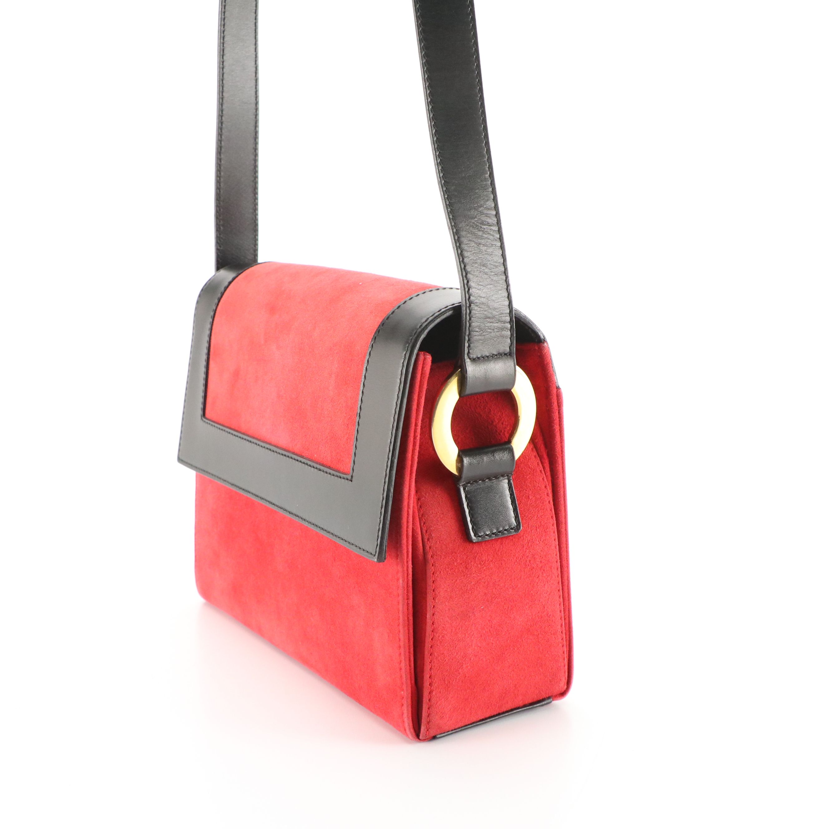 Celine Front-Flap Crossbody Bag in Red Suede and Black Calfskin Leather Trim
