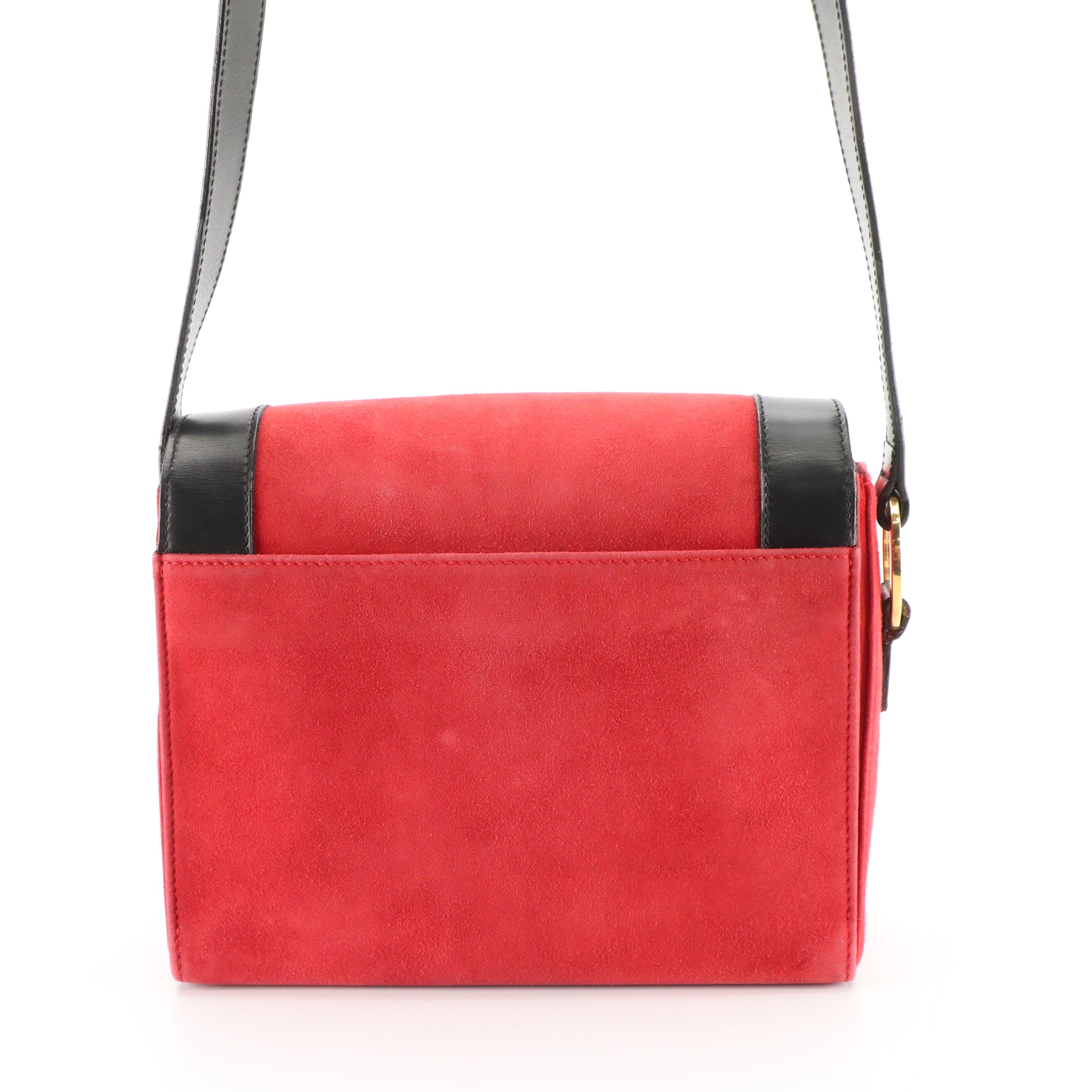 Celine Front-Flap Crossbody Bag in Red Suede and Black Calfskin Leather Trim