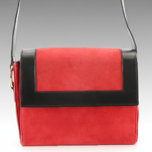 Celine Front-Flap Crossbody Bag in Red Suede and Black Calfskin Leather Trim