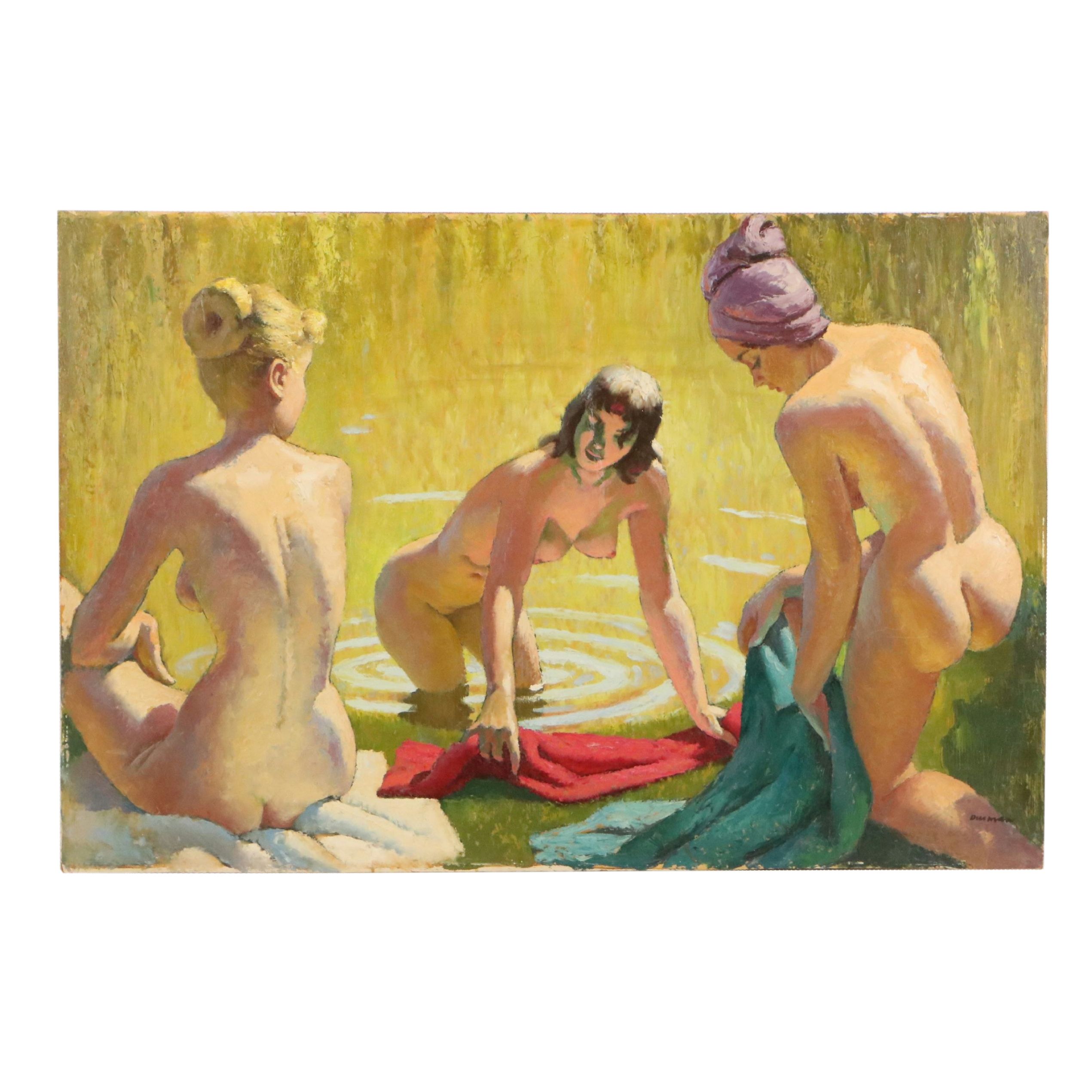 Alan Durman Impressionistic Oil Painting of Bathing Women, 20th Century