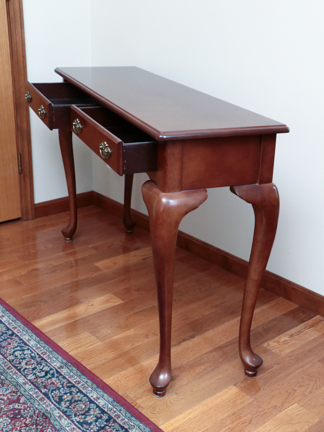 Queen Anne Style Cherry Two-Drawer Console Table, Late 20th Century