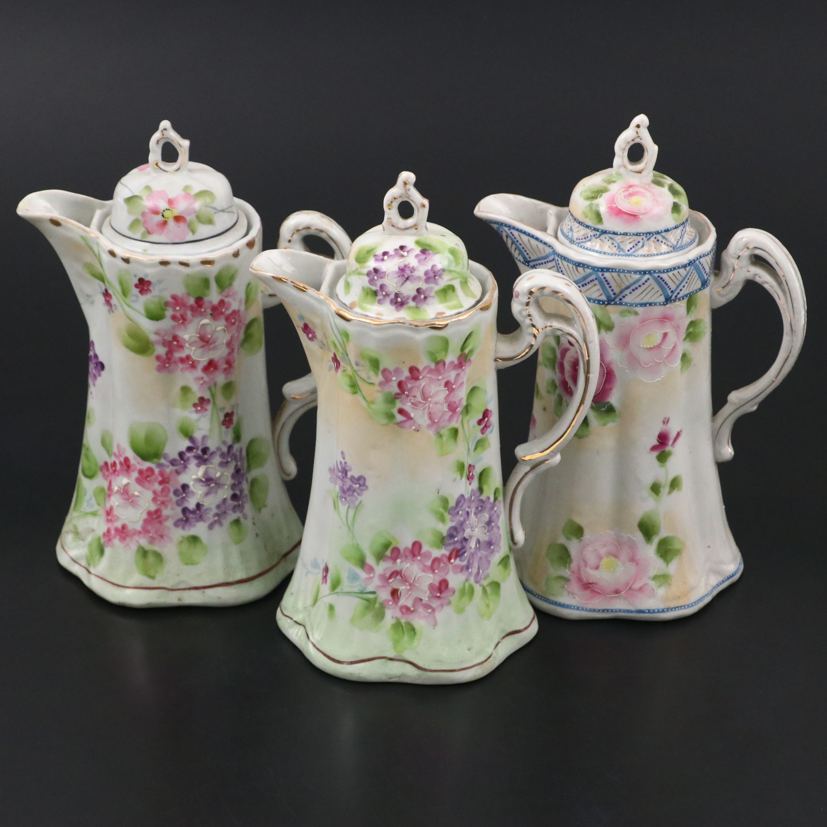 Japanese Hand-Painted Purple and Pink Floral Porcelain Teapots