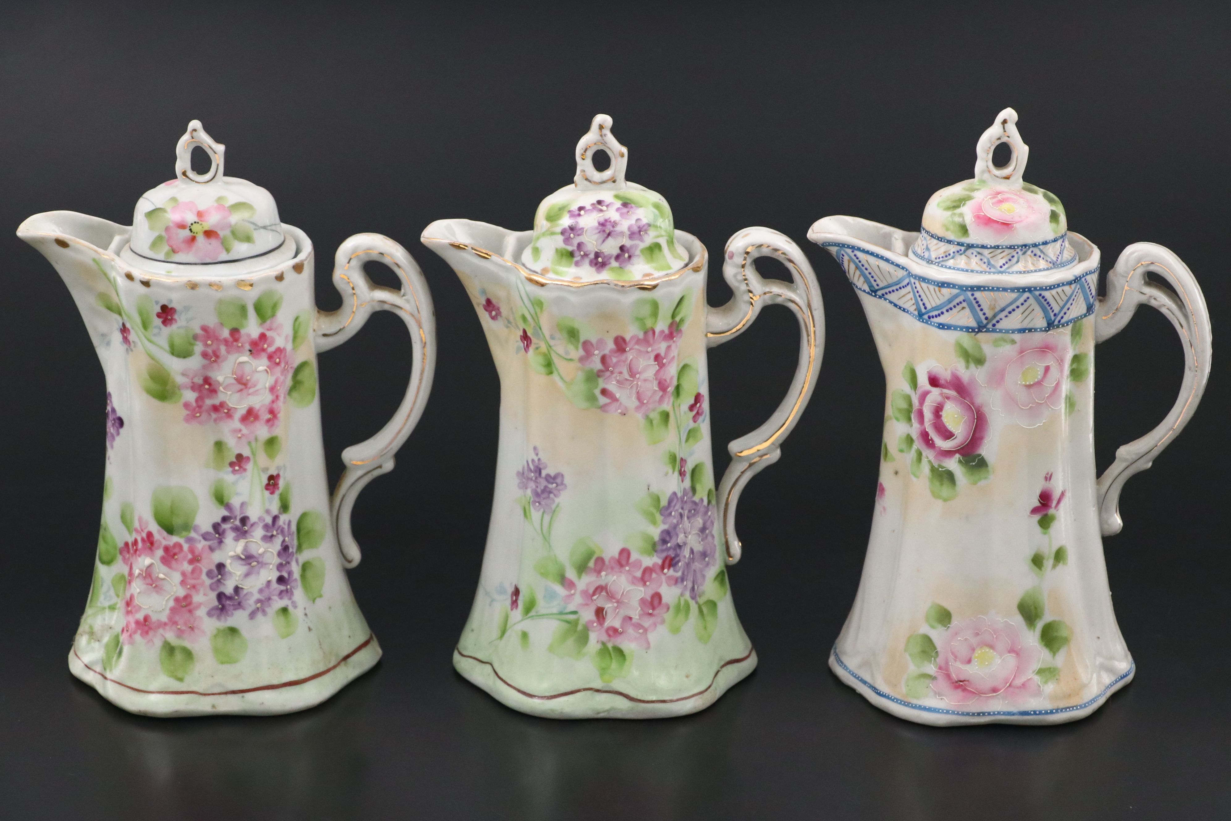 Japanese Hand-Painted Purple and Pink Floral Porcelain Teapots