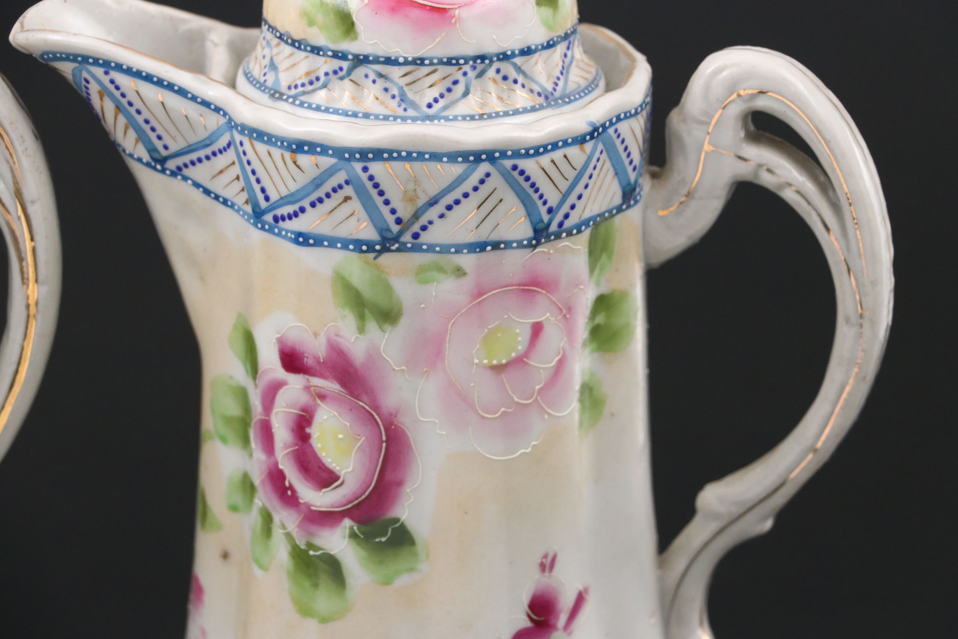 Japanese Hand-Painted Purple and Pink Floral Porcelain Teapots