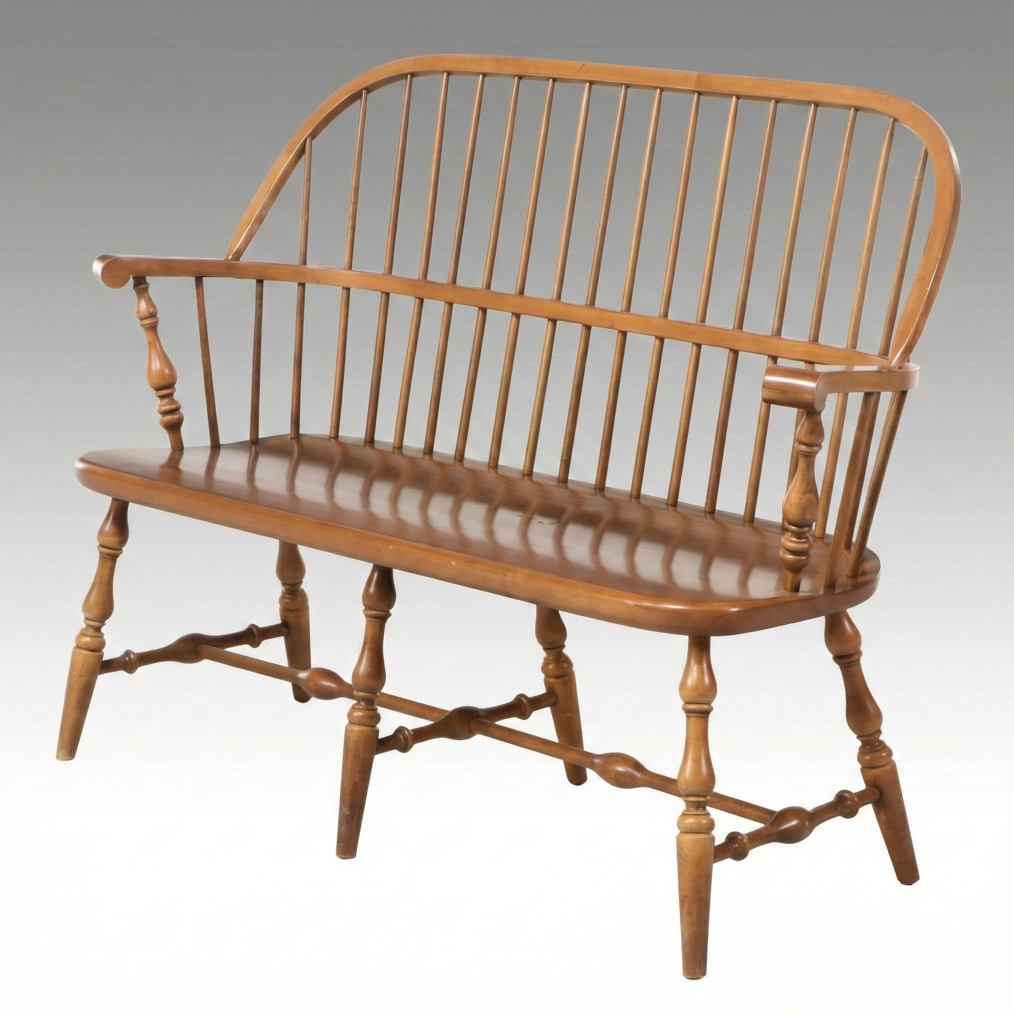 Signed Ethan Allen American Colonial Revival Maple Windsor Bench