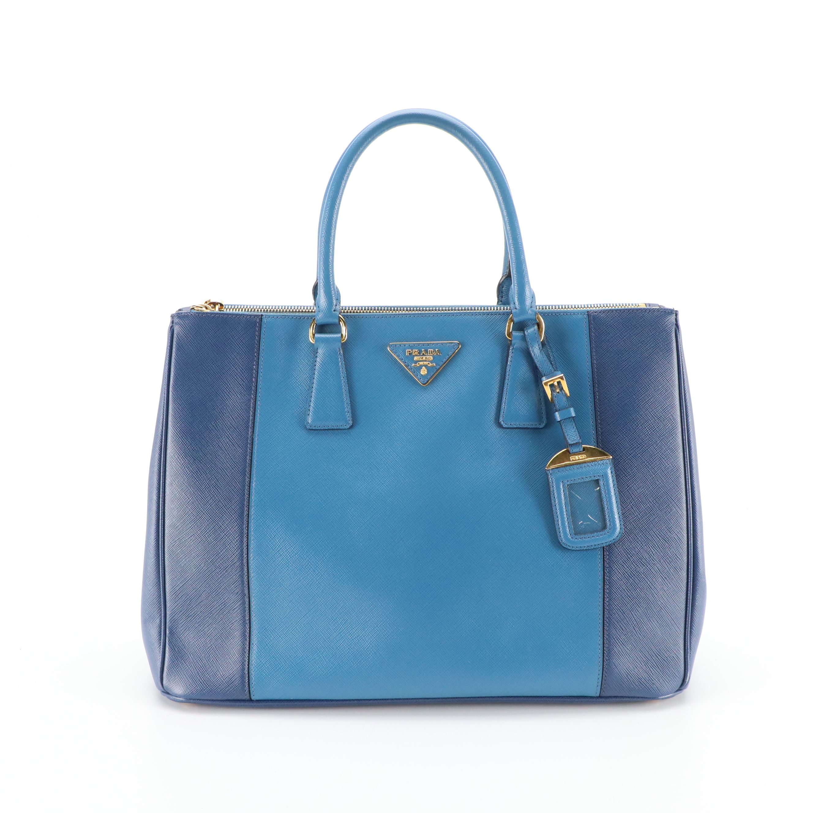 Prada Double Zip Galleria Top Handle Tote in Bicolored Blue Saffiano Lux Leather