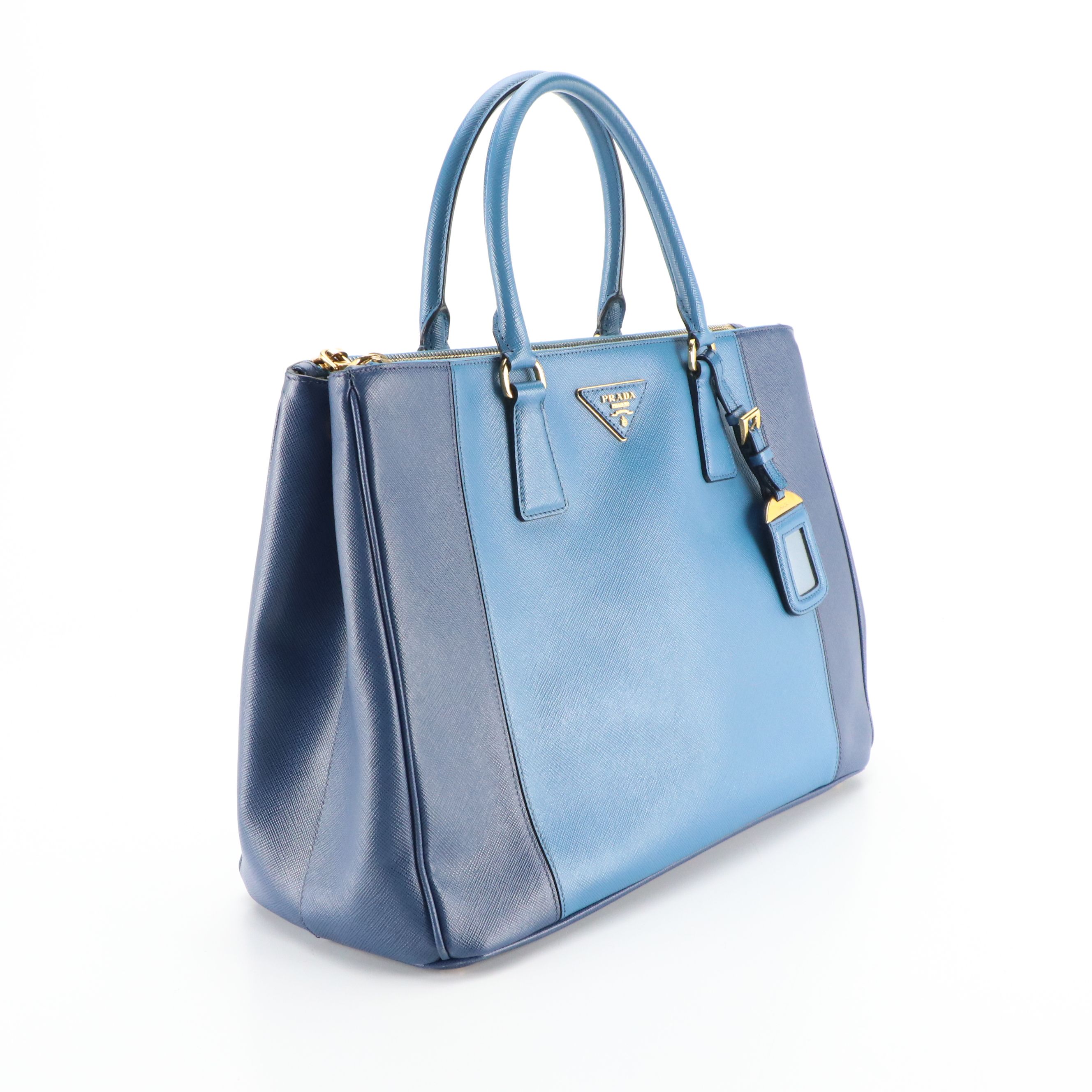 Prada Double Zip Galleria Top Handle Tote in Bicolored Blue Saffiano Lux Leather