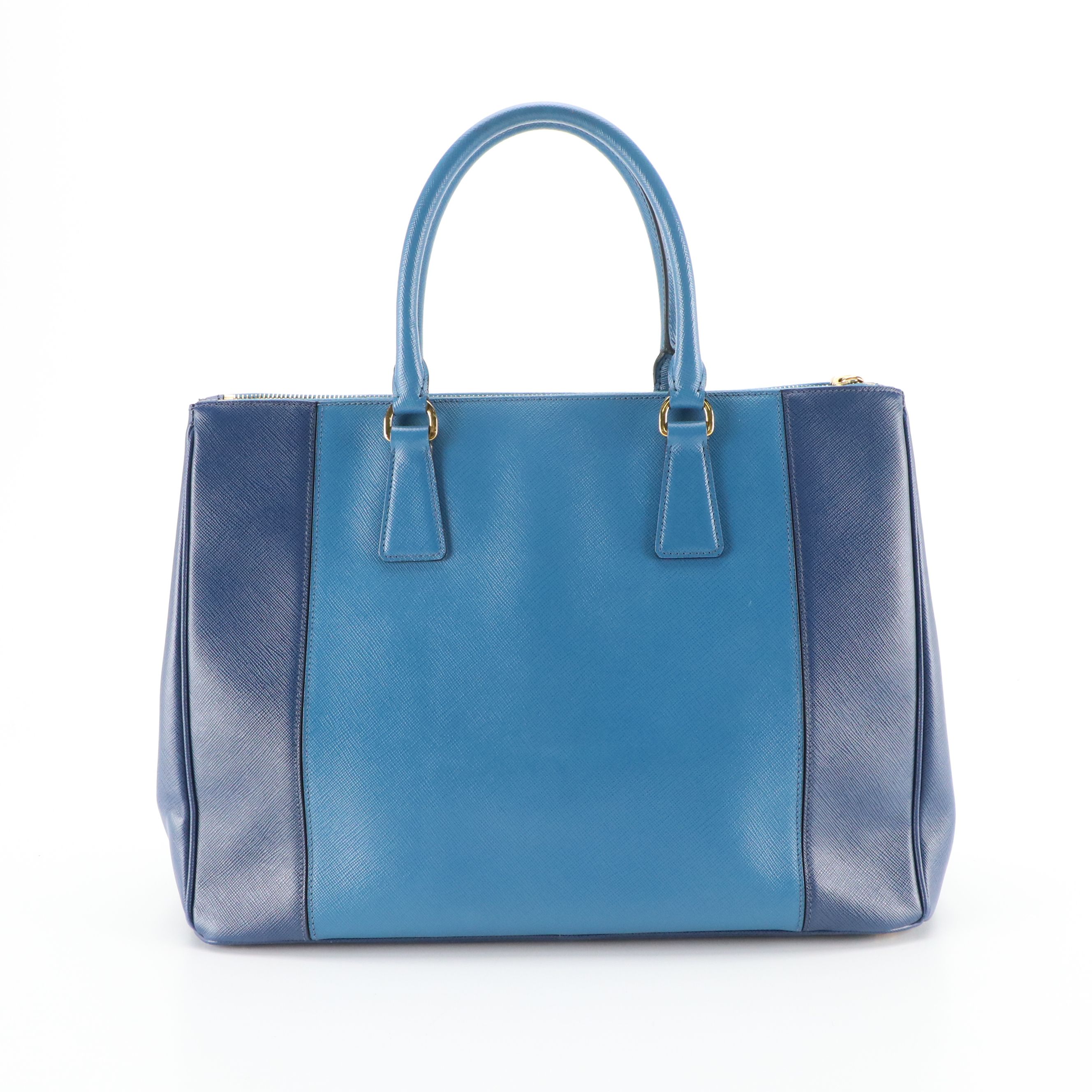 Prada Double Zip Galleria Top Handle Tote in Bicolored Blue Saffiano Lux Leather