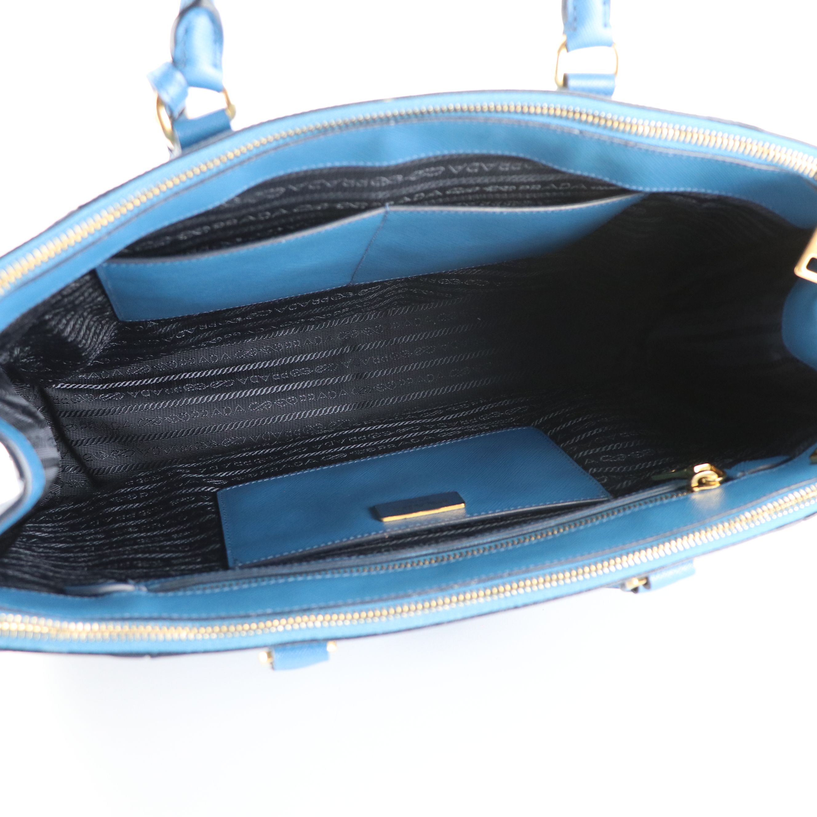Prada Double Zip Galleria Top Handle Tote in Bicolored Blue Saffiano Lux Leather