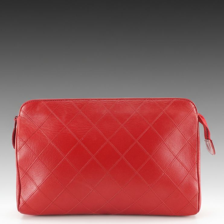 Chanel Red Diamond Stitched Leather Zip Pouch