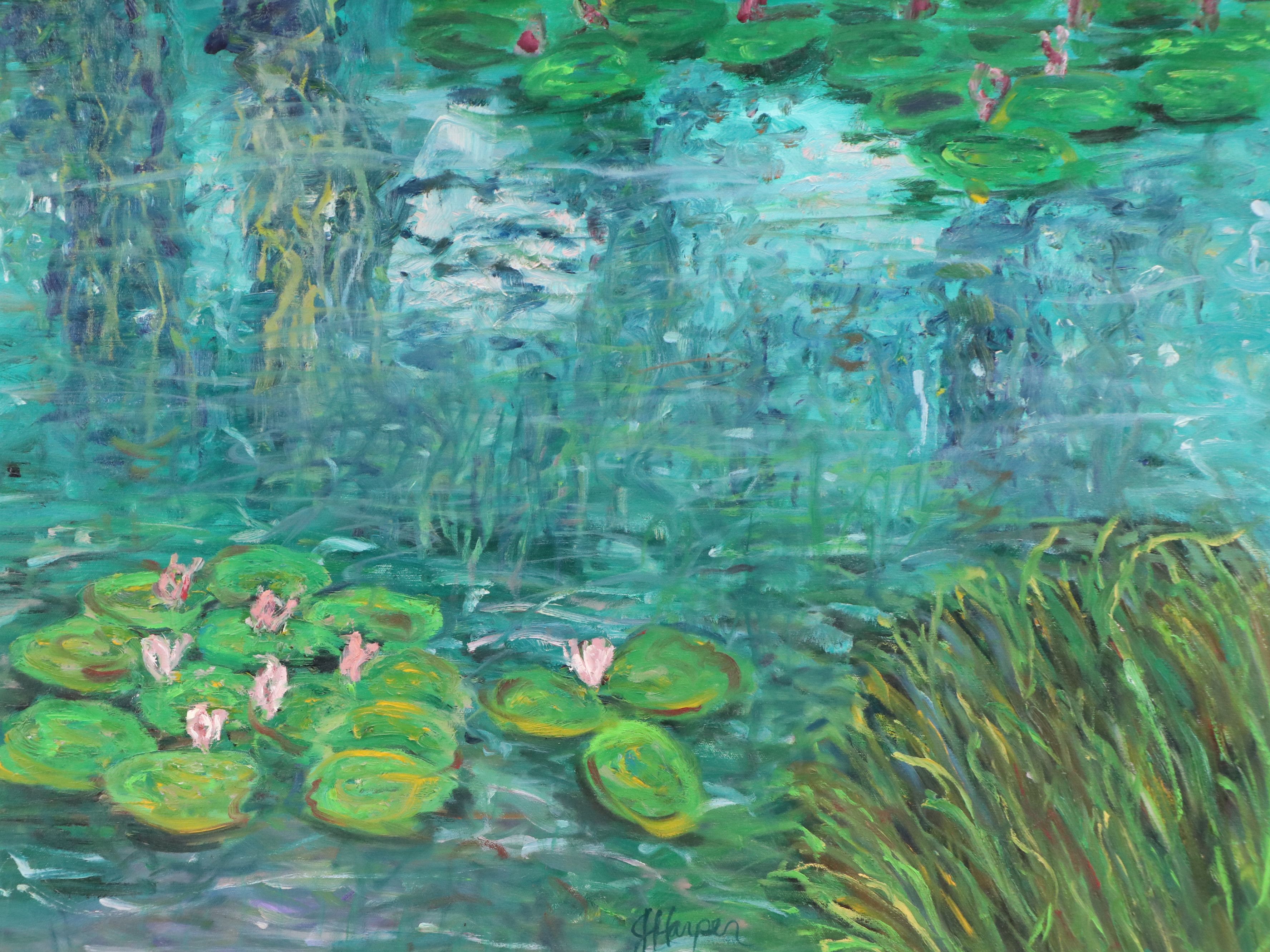 J.H. Harper Pond Landscape Acrylic Painting with Lily Pads, 21st Century