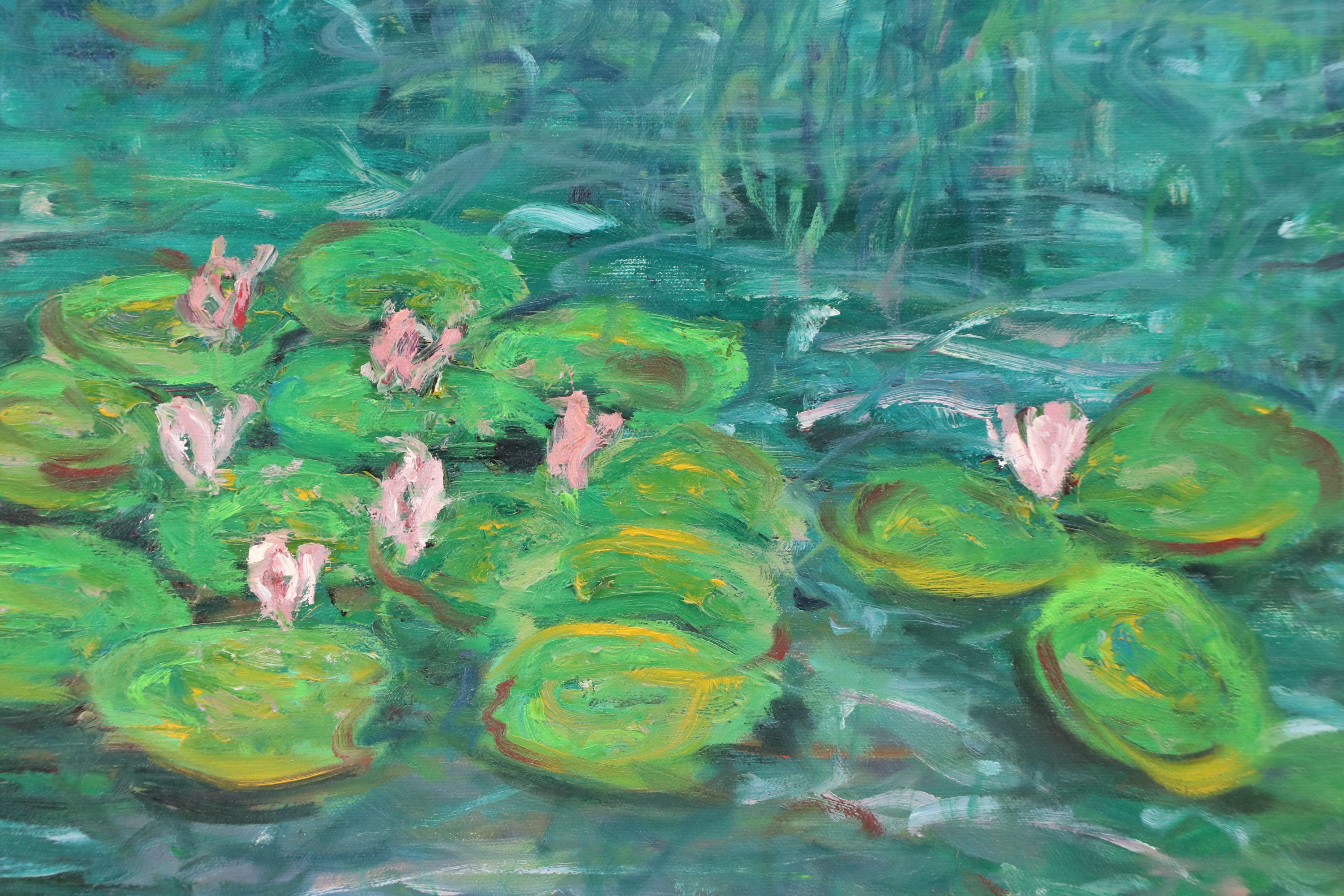 J.H. Harper Pond Landscape Acrylic Painting with Lily Pads, 21st Century
