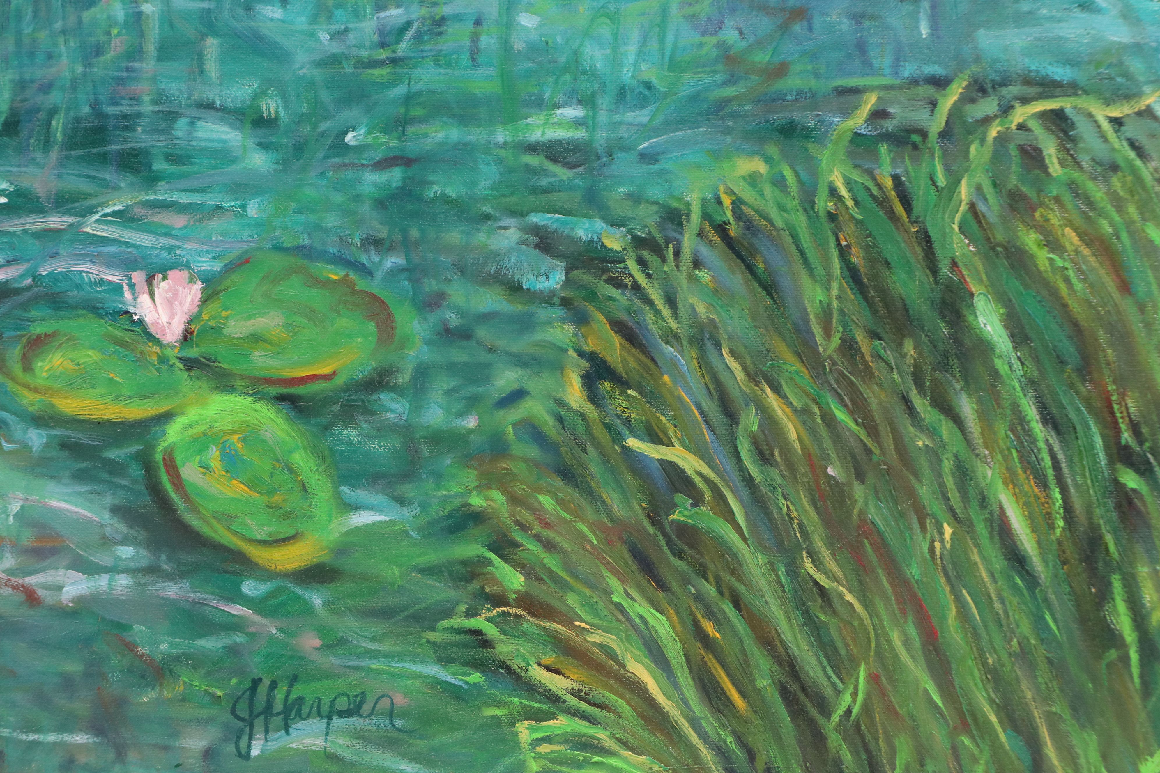 J.H. Harper Pond Landscape Acrylic Painting with Lily Pads, 21st Century