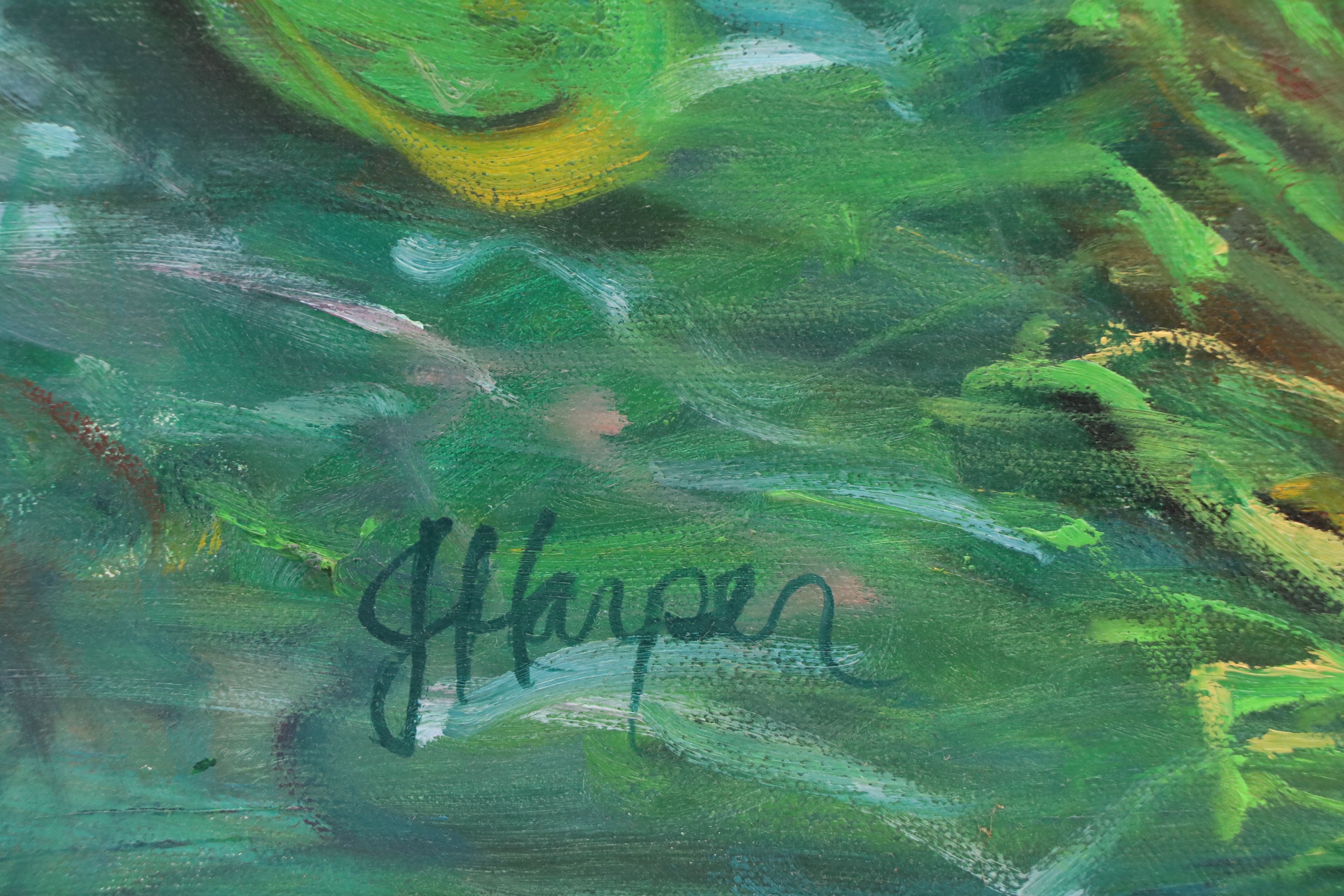 J.H. Harper Pond Landscape Acrylic Painting with Lily Pads, 21st Century