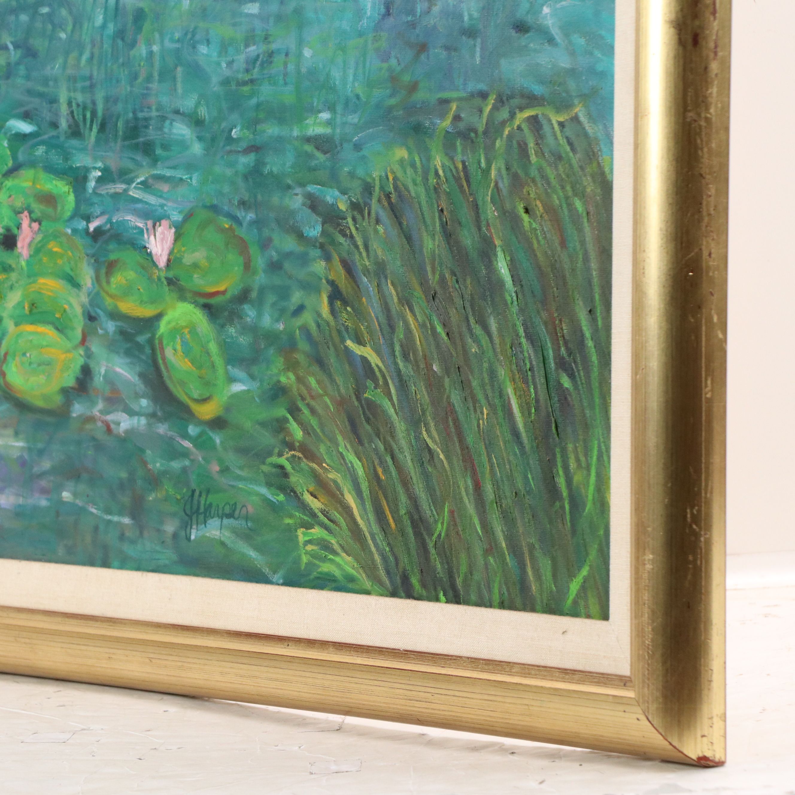 J.H. Harper Pond Landscape Acrylic Painting with Lily Pads, 21st Century